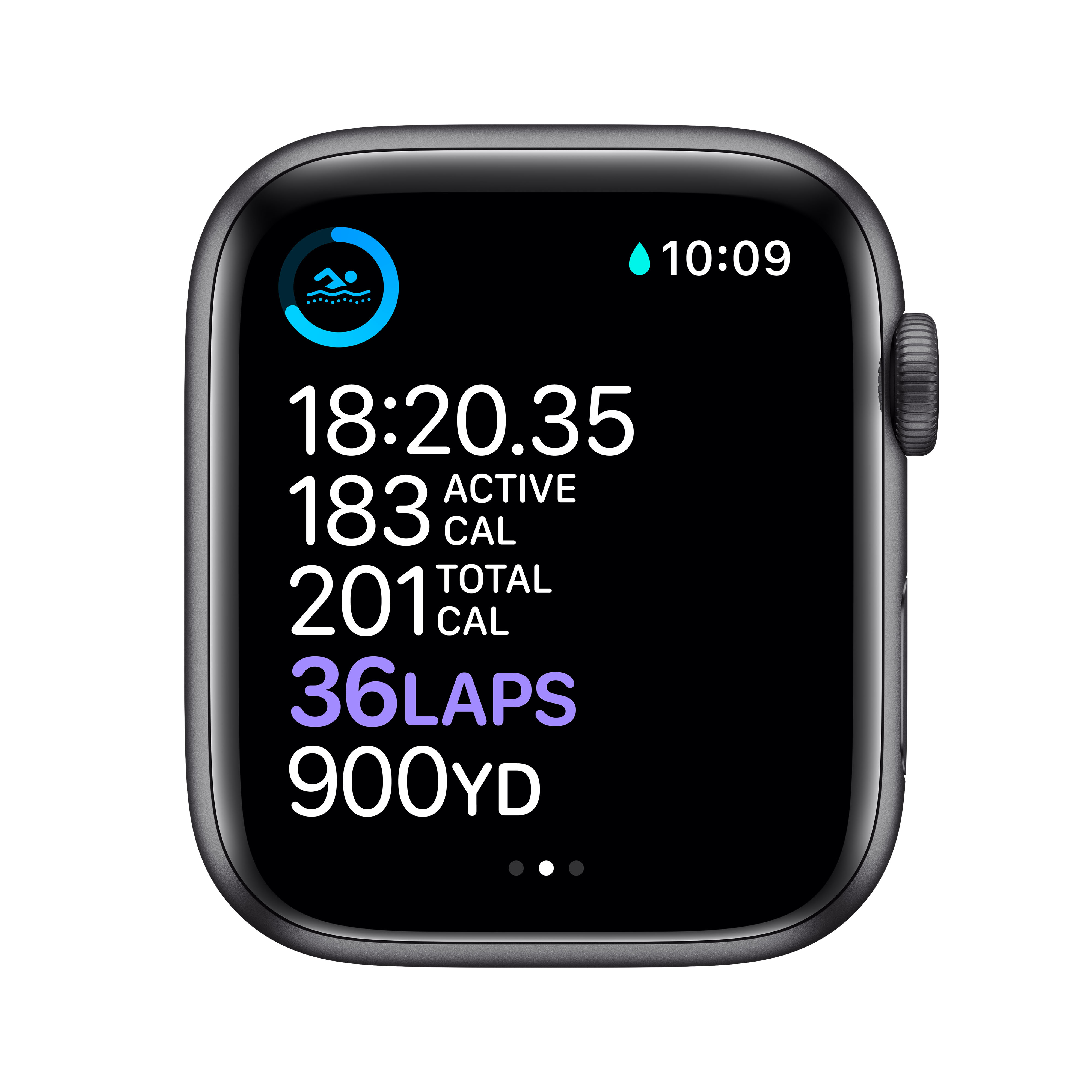 Eine Smartwatch zeigt 18:20:35, 183 Kalorien, 201 Kalorien, 36 Runden und 900 Yards.