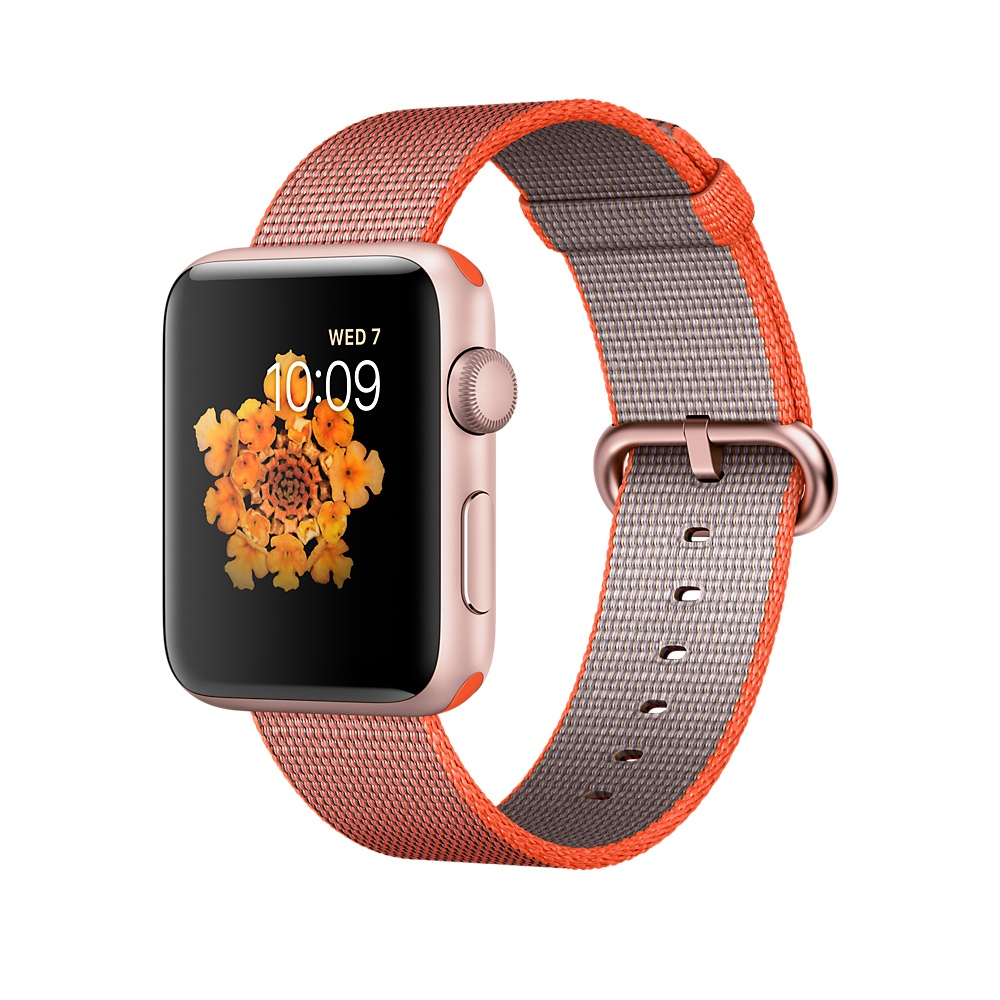 Eine Rosegoldene Smartwatch mit einem orange-grauen Armband. Die Uhrzeit ist 10:09.