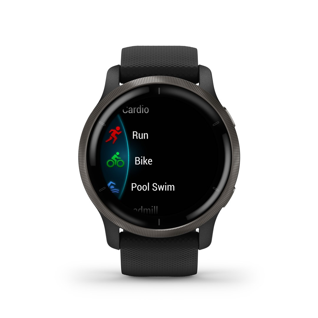 Eine Smartwatch zeigt die Optionen Laufen, Radfahren und Schwimmen an.