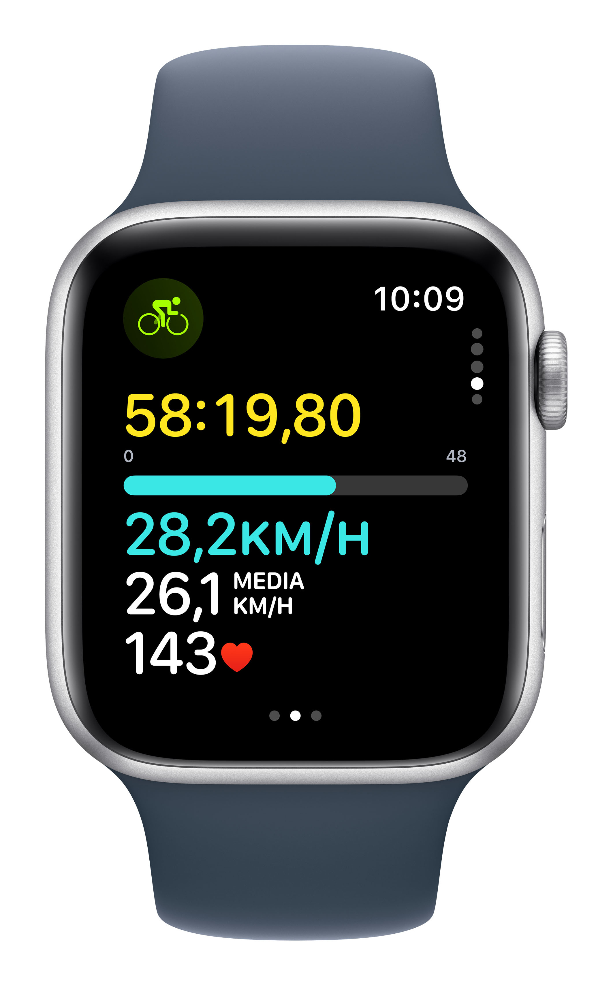 Smartwatch zeigt Radfahrdaten: 58:19 Zeit, 28,2 km/h, 26,1 km/h Schnitt, 143 Herz.