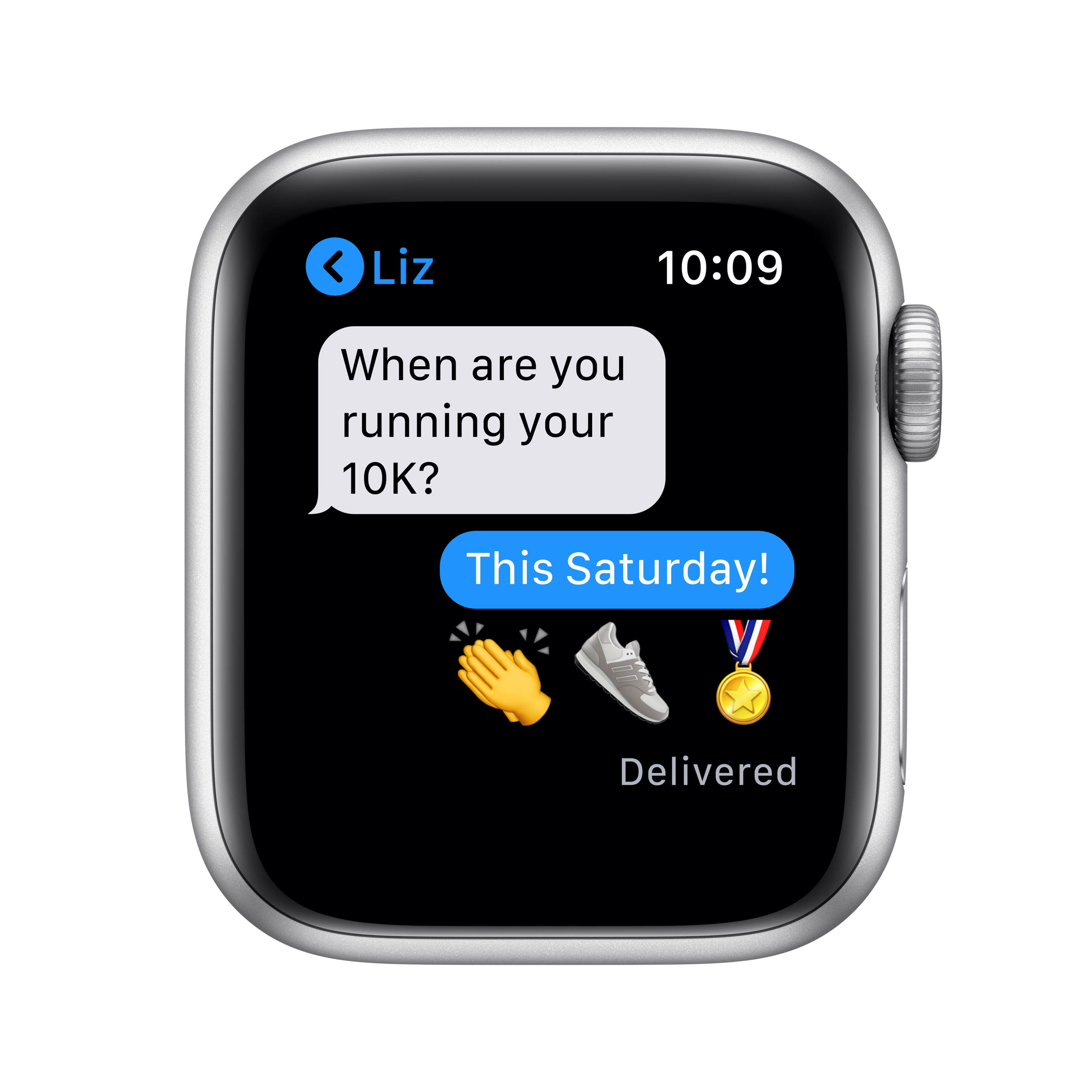 Apple Watch zeigt Chat: "Wann laufen Sie Ihren 10K?" Antwort: "Diesen Samstag!" mit Emojis.
