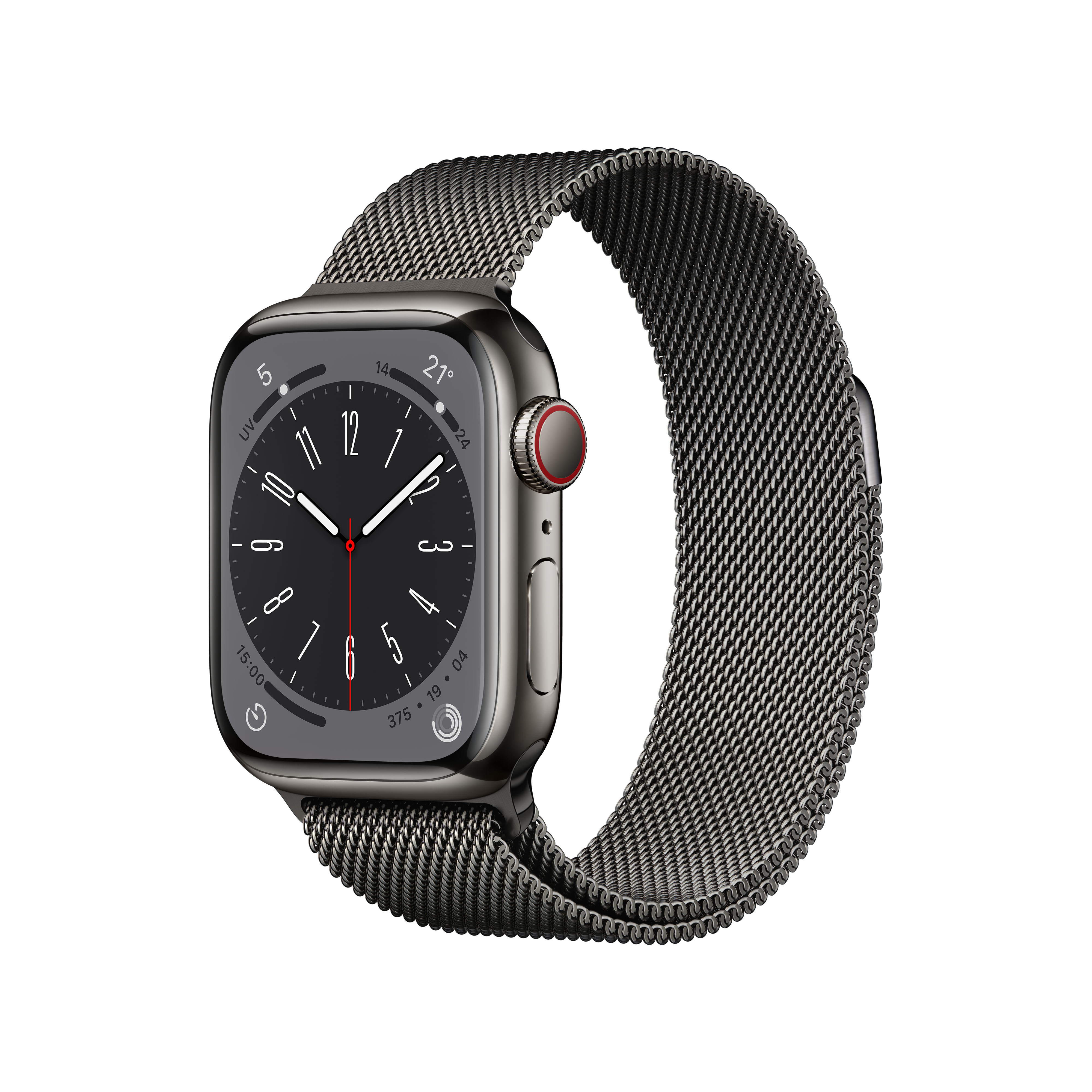 Eine graue Smartwatch mit Milanaise-Armband, die Zeit und UV-Index anzeigt.