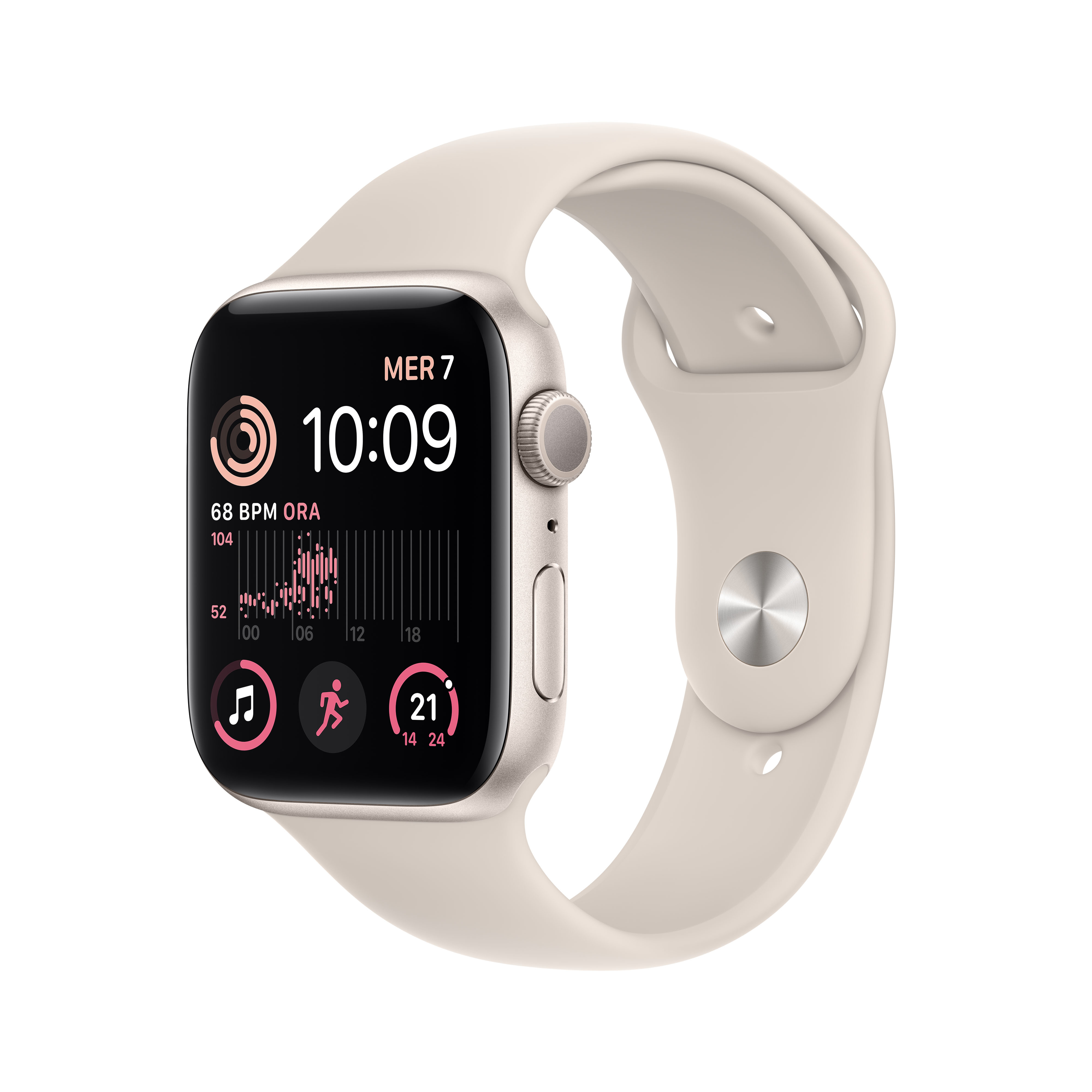 Een beige Apple Watch toont 10:09 uur, hartslag en activiteitsgegevens.