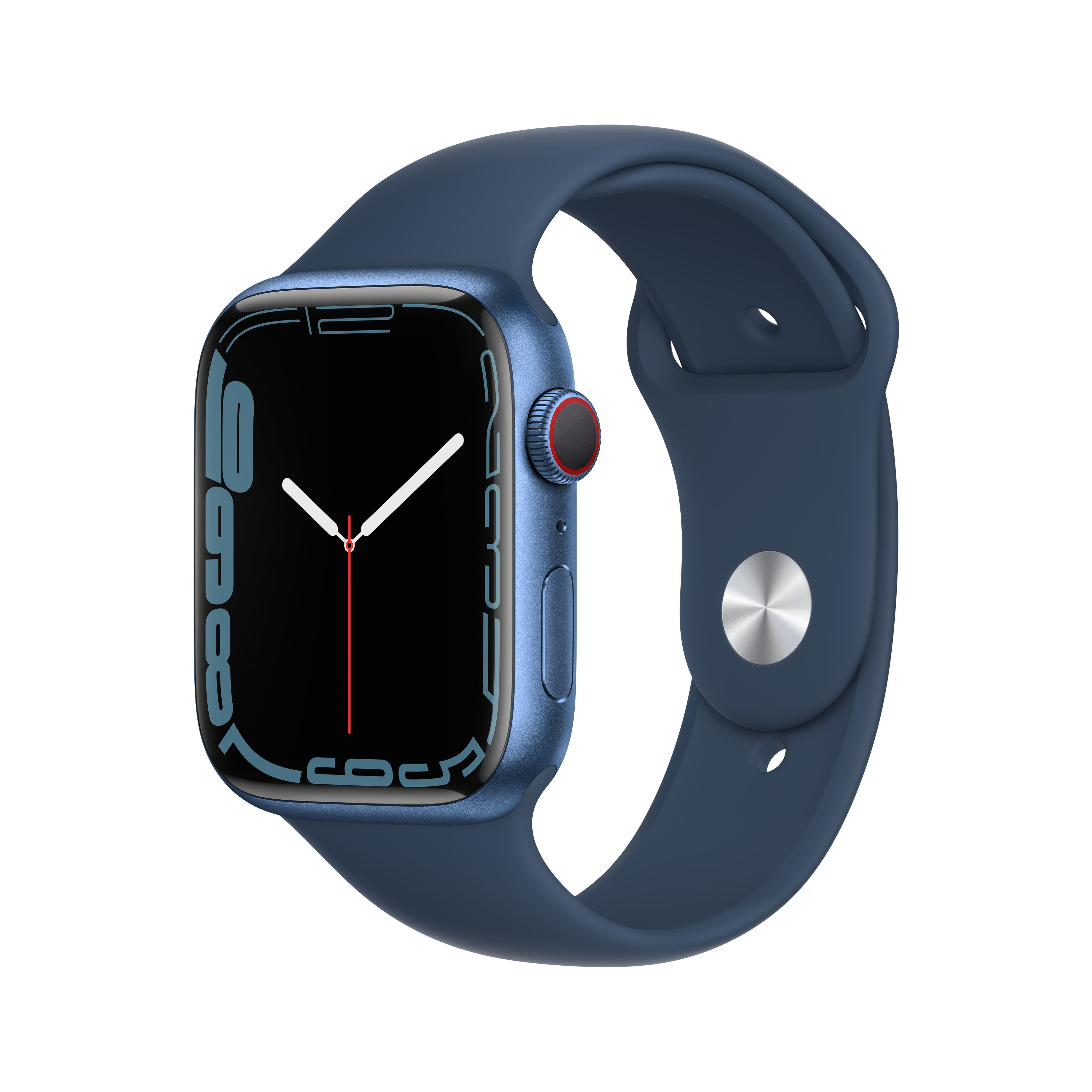 Eine blaue Smartwatch mit dunklem Zifferblatt und einem Armband.
