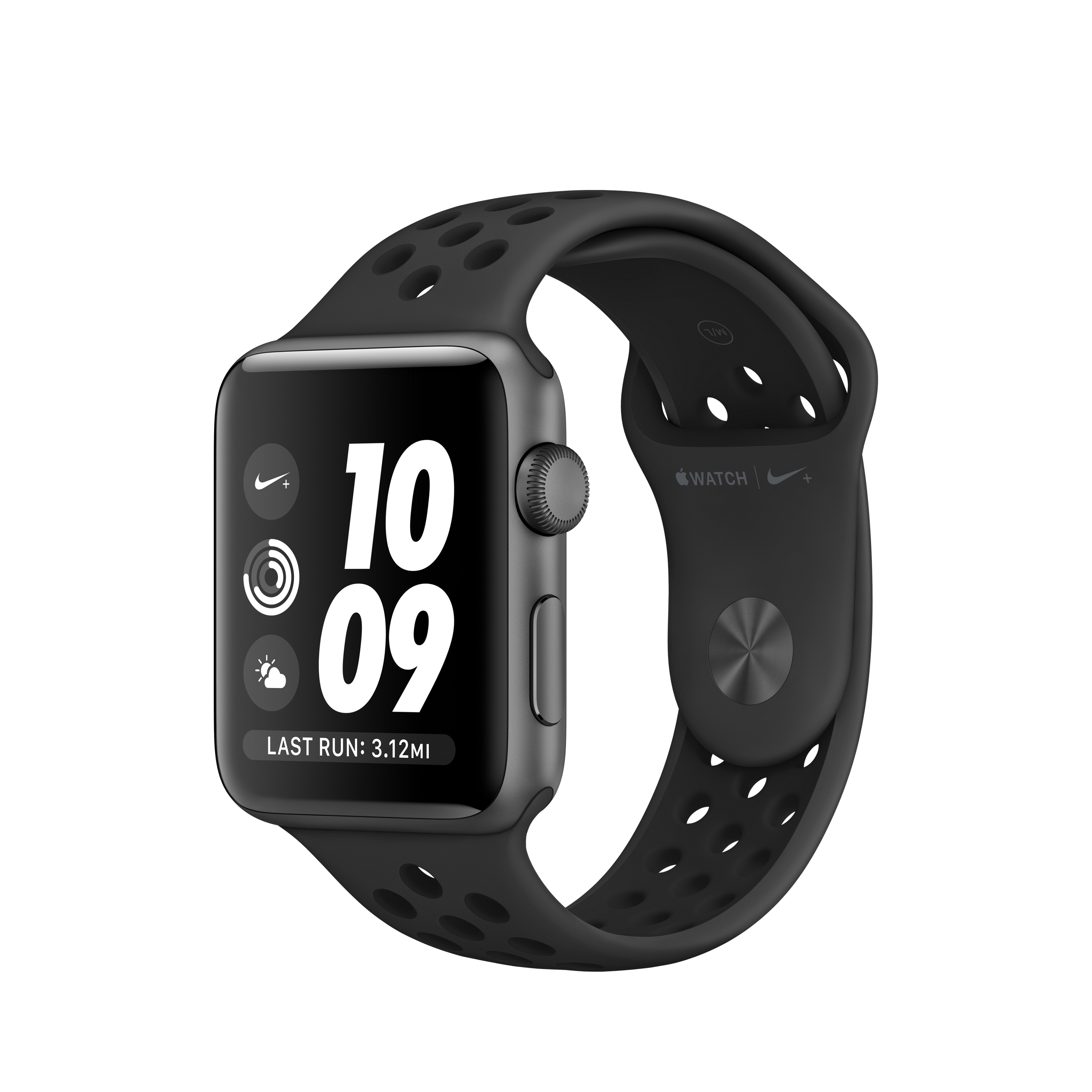 Eine graue Apple Watch mit schwarzem Nike-Armband, zeigt 10:09 Uhr.