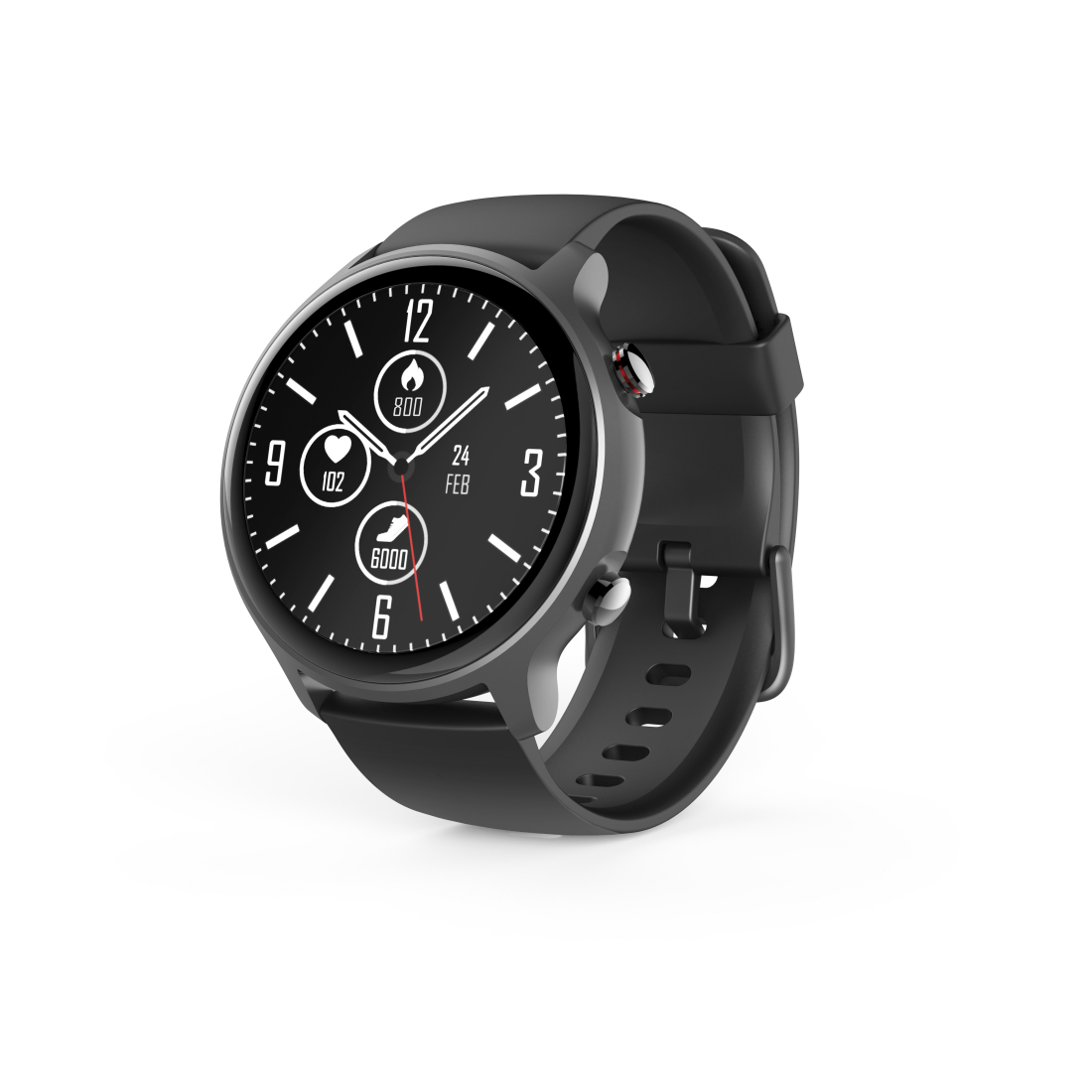 Czarny smartwatch z okrągłą tarczą: 800 kcal, 102 tętno, 6000 kroków, 24 lut.