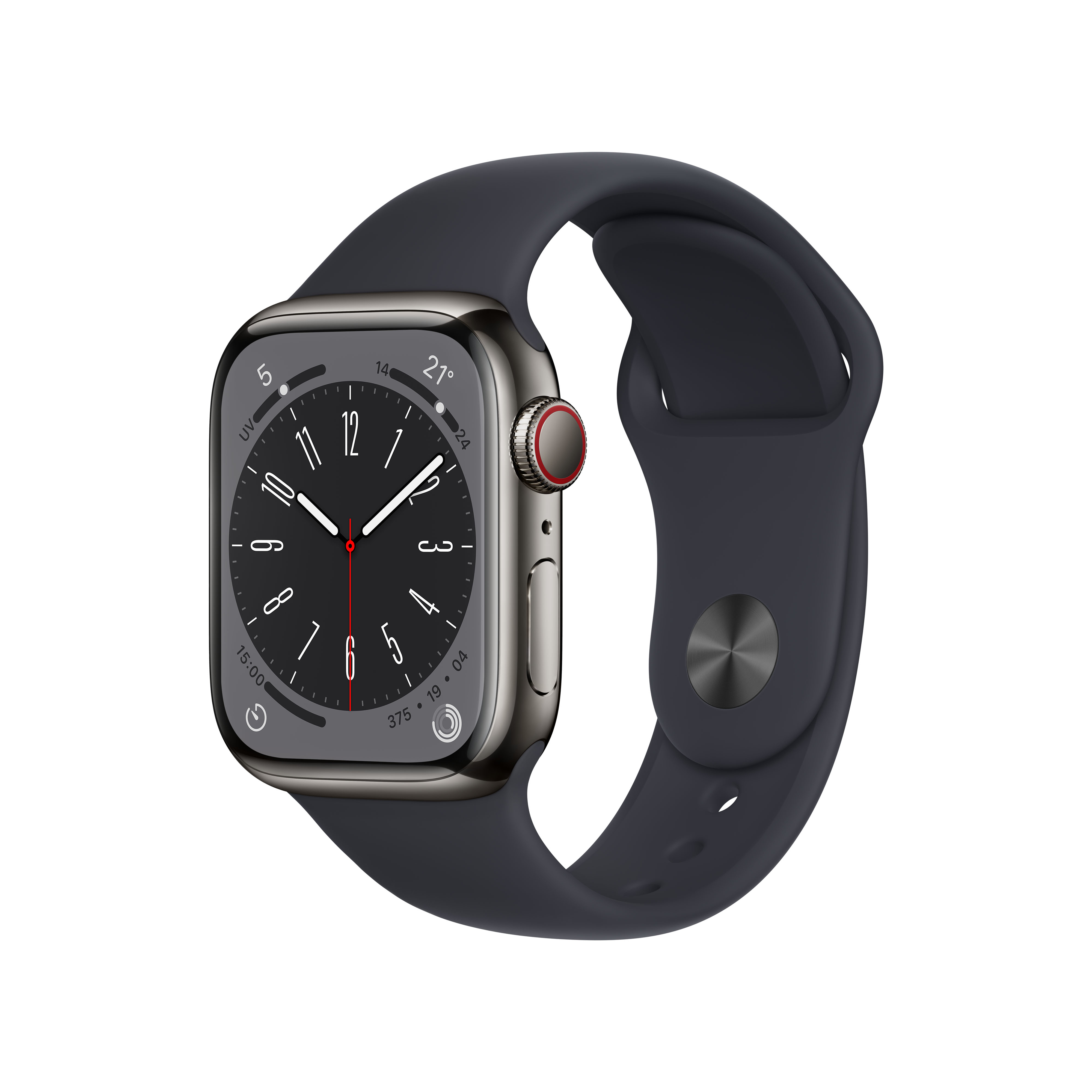 Eine graue Smartwatch mit dunklem Zifferblatt und Armband auf weißem Hintergrund.