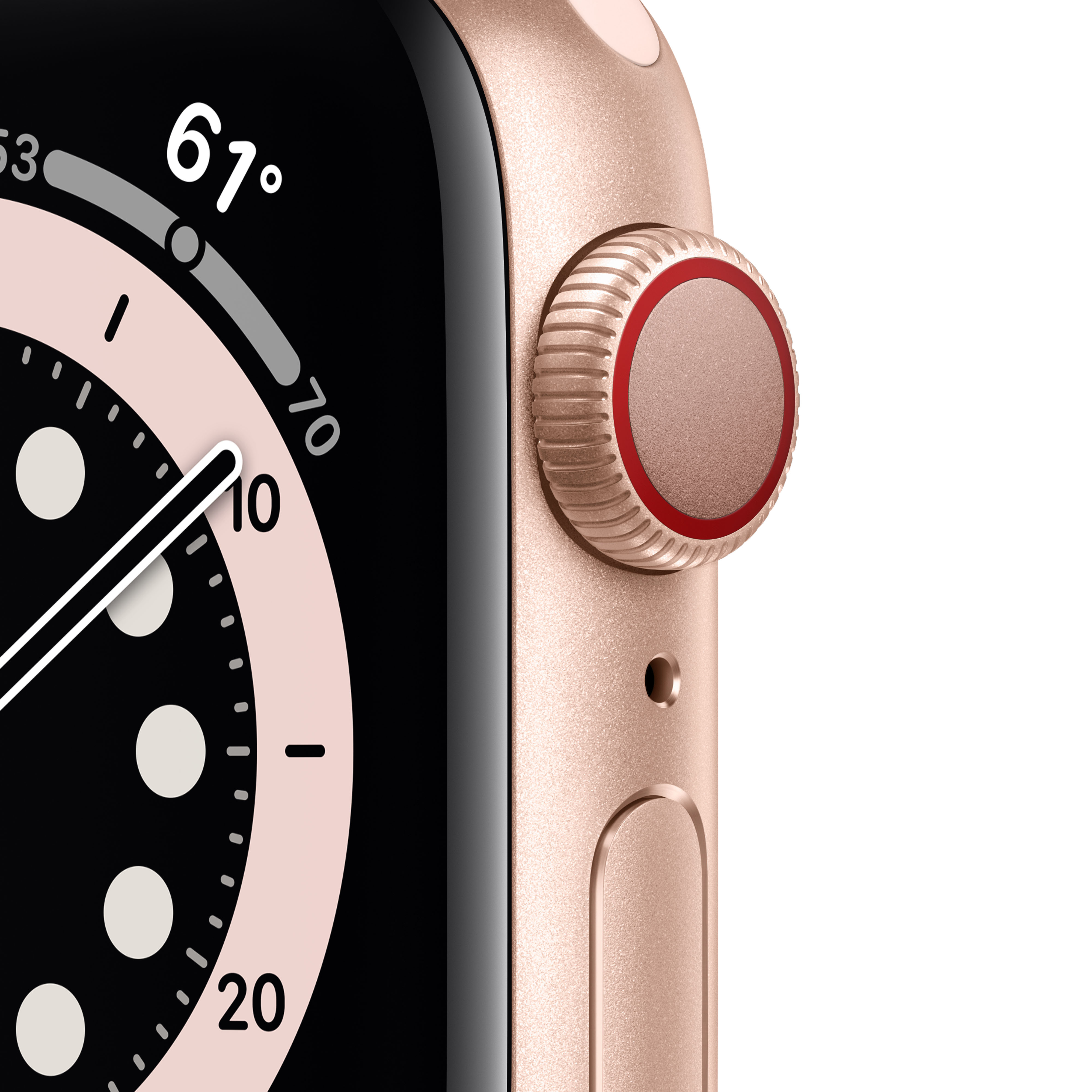 Reloj inteligente dorado con botón rojo y dial mostrando 61 grados.