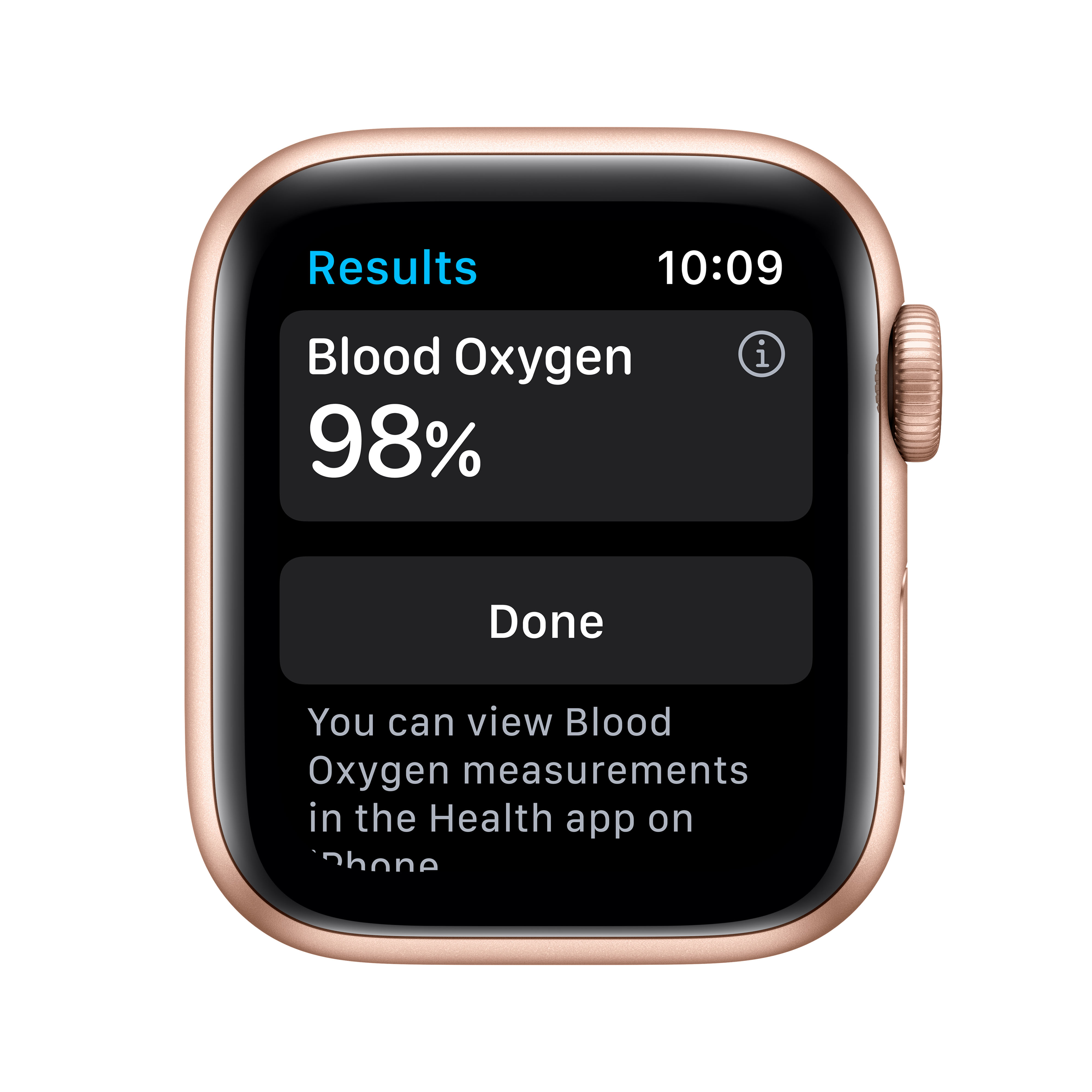 Reloj inteligente muestra 98% de oxígeno en sangre. El botón está a la derecha.