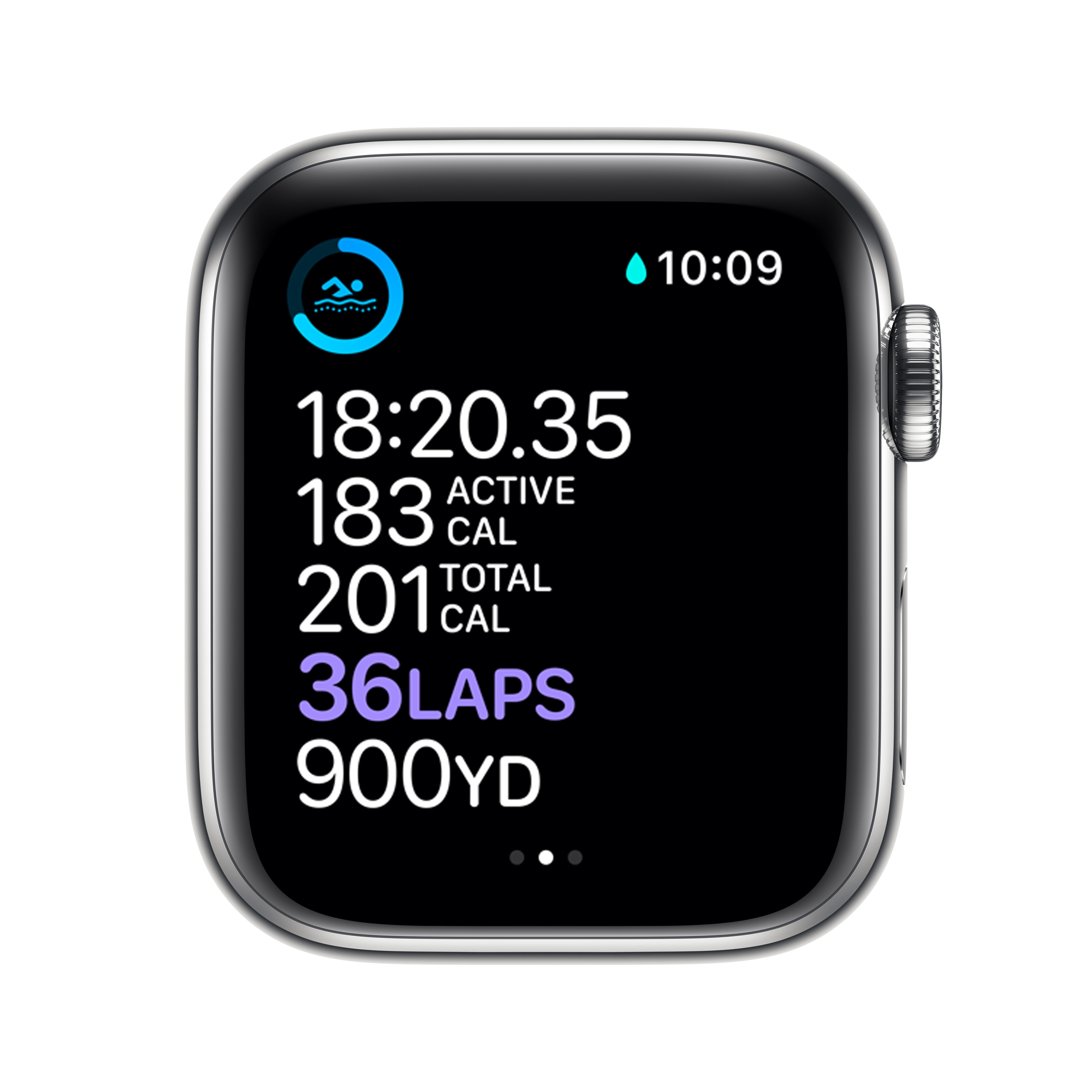 Reloj inteligente plateado muestra 18:20, 183 kcal, 201 kcal, 36 vueltas, 900 yd.