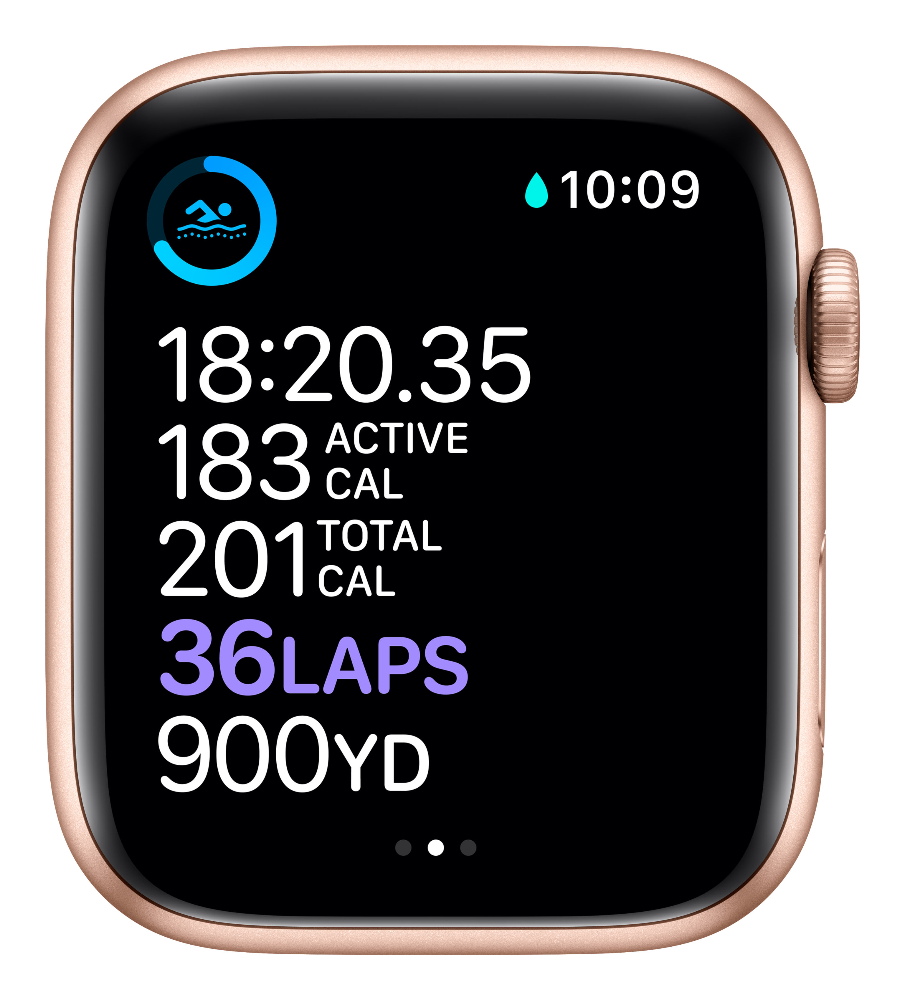 Un reloj inteligente dorado muestra datos de natación: 18:20.35, 183 kcal, 201 kcal, 36 vueltas, 900yd.