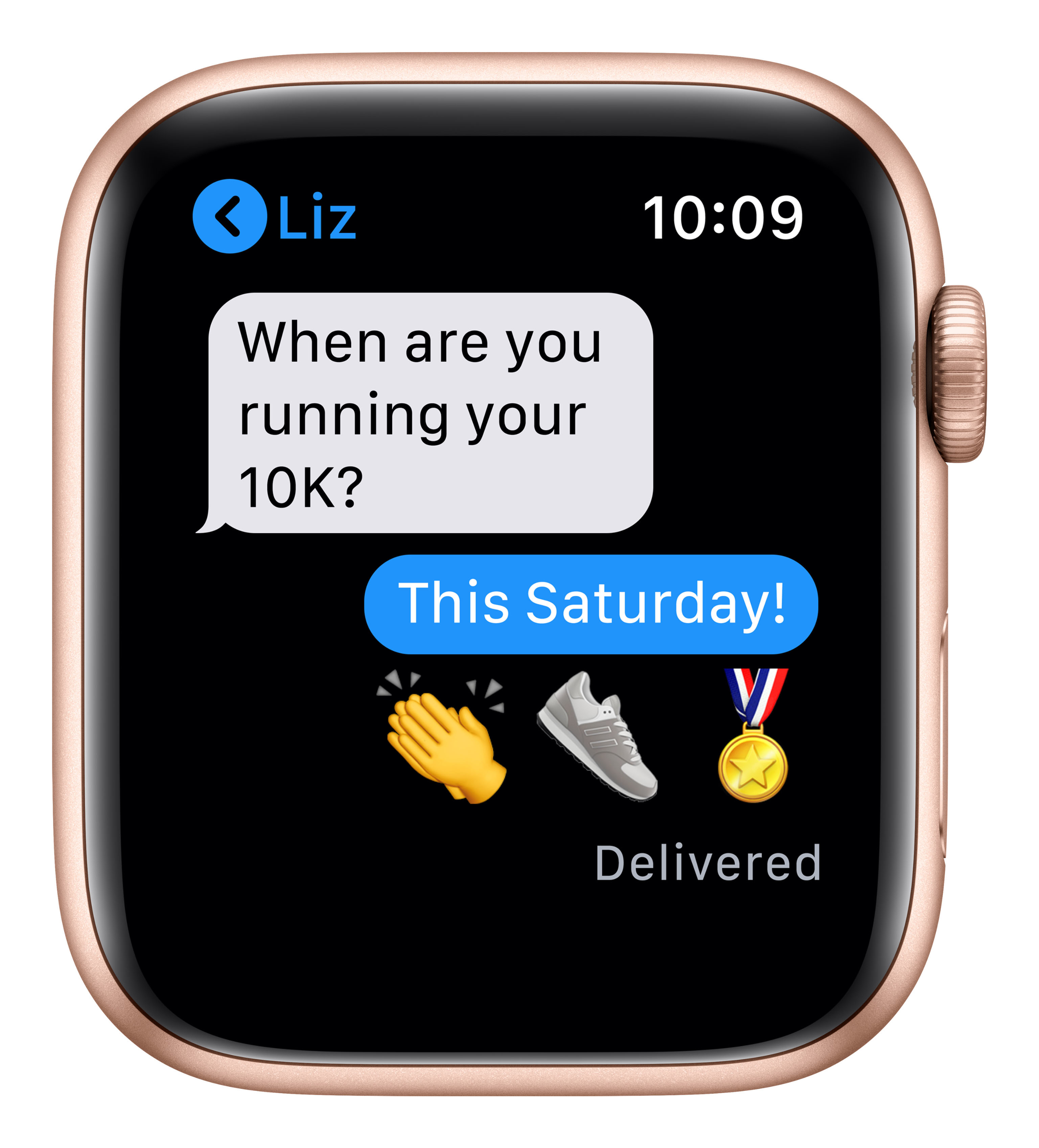Un Apple Watch dorado muestra un mensaje: "¿Cuándo correrás tu 10K?"