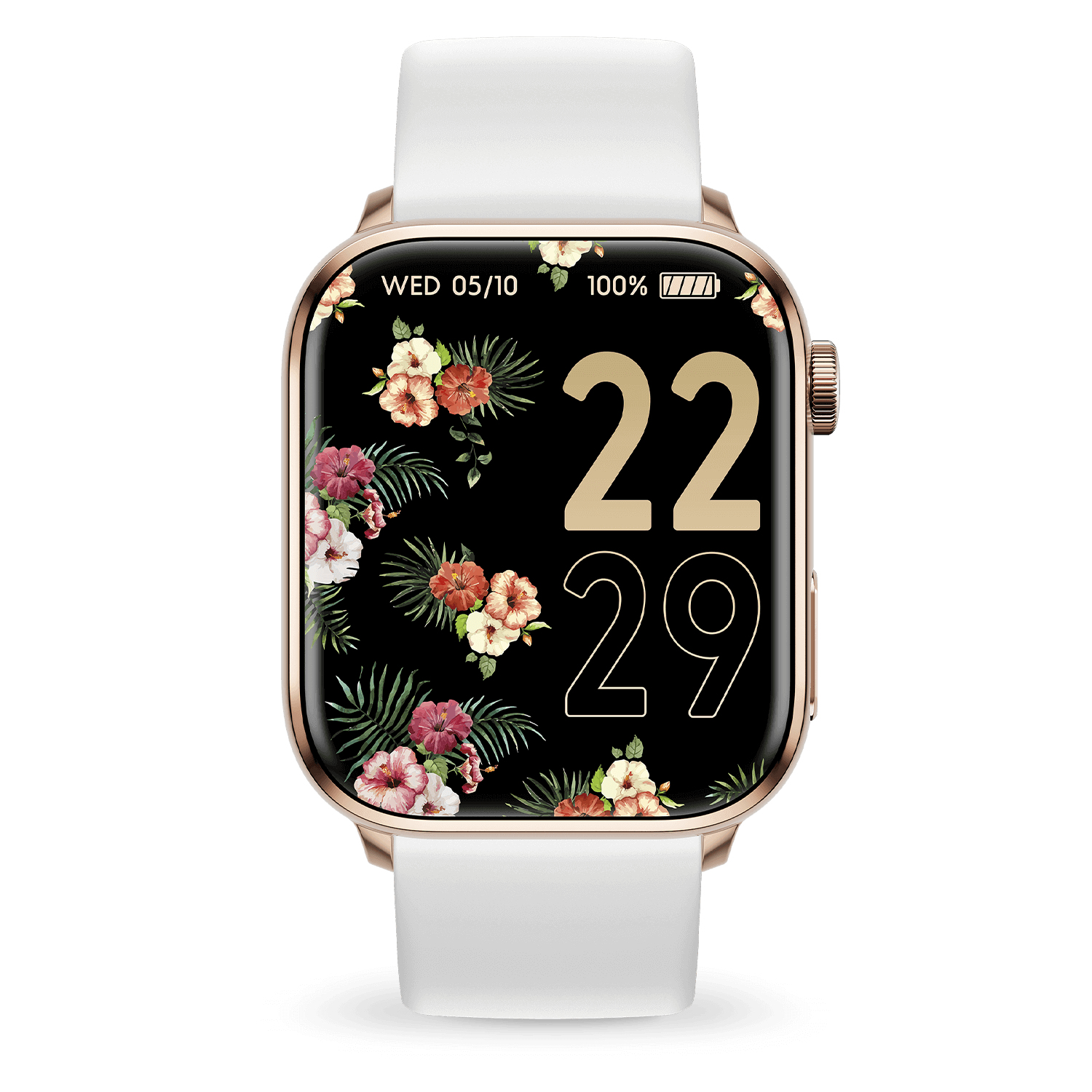 Eine goldene Smartwatch mit weißem Armband und floralem Zifferblatt.