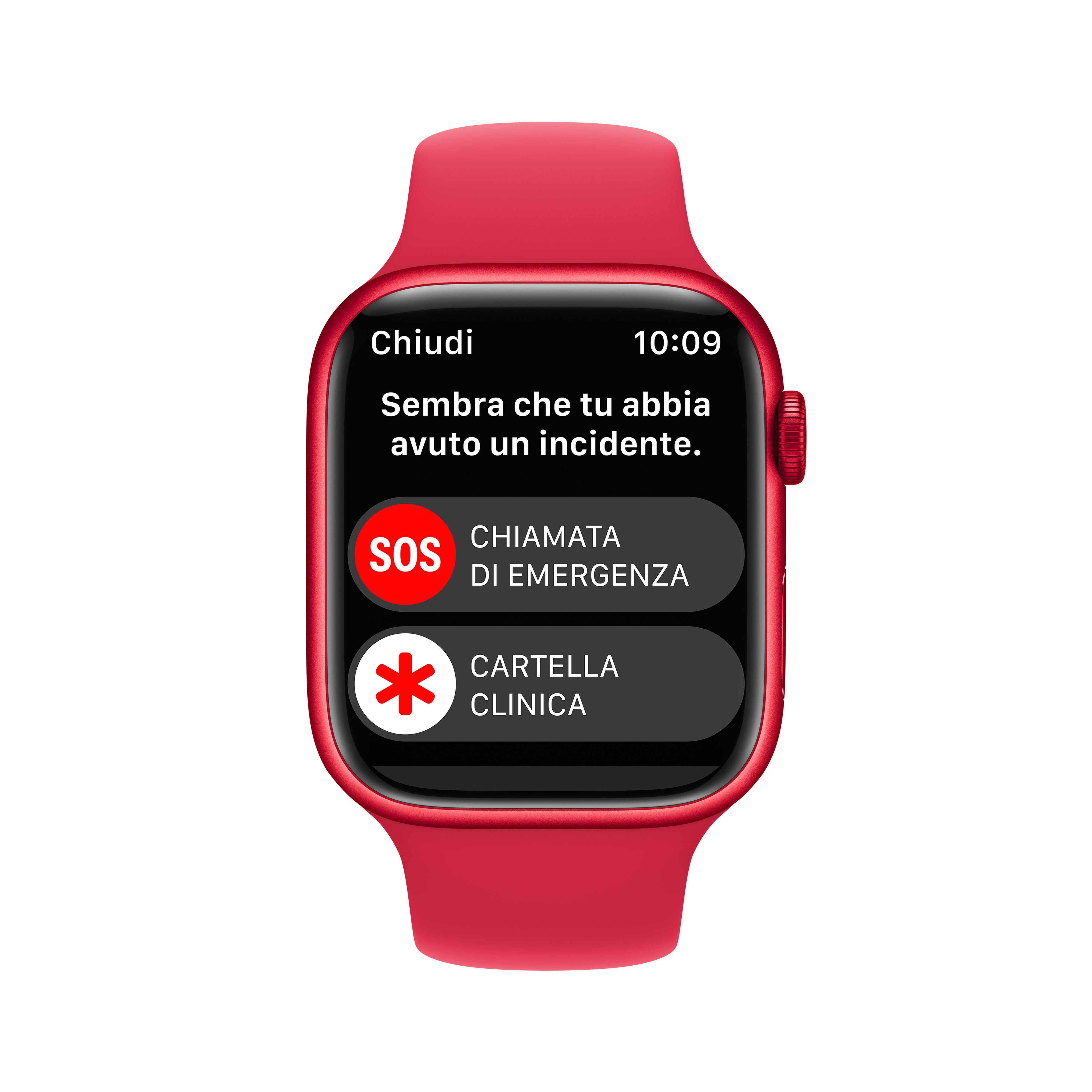 Una pantalla de smartwatch roja muestra una alerta de accidente y opciones de llamada de emergencia.