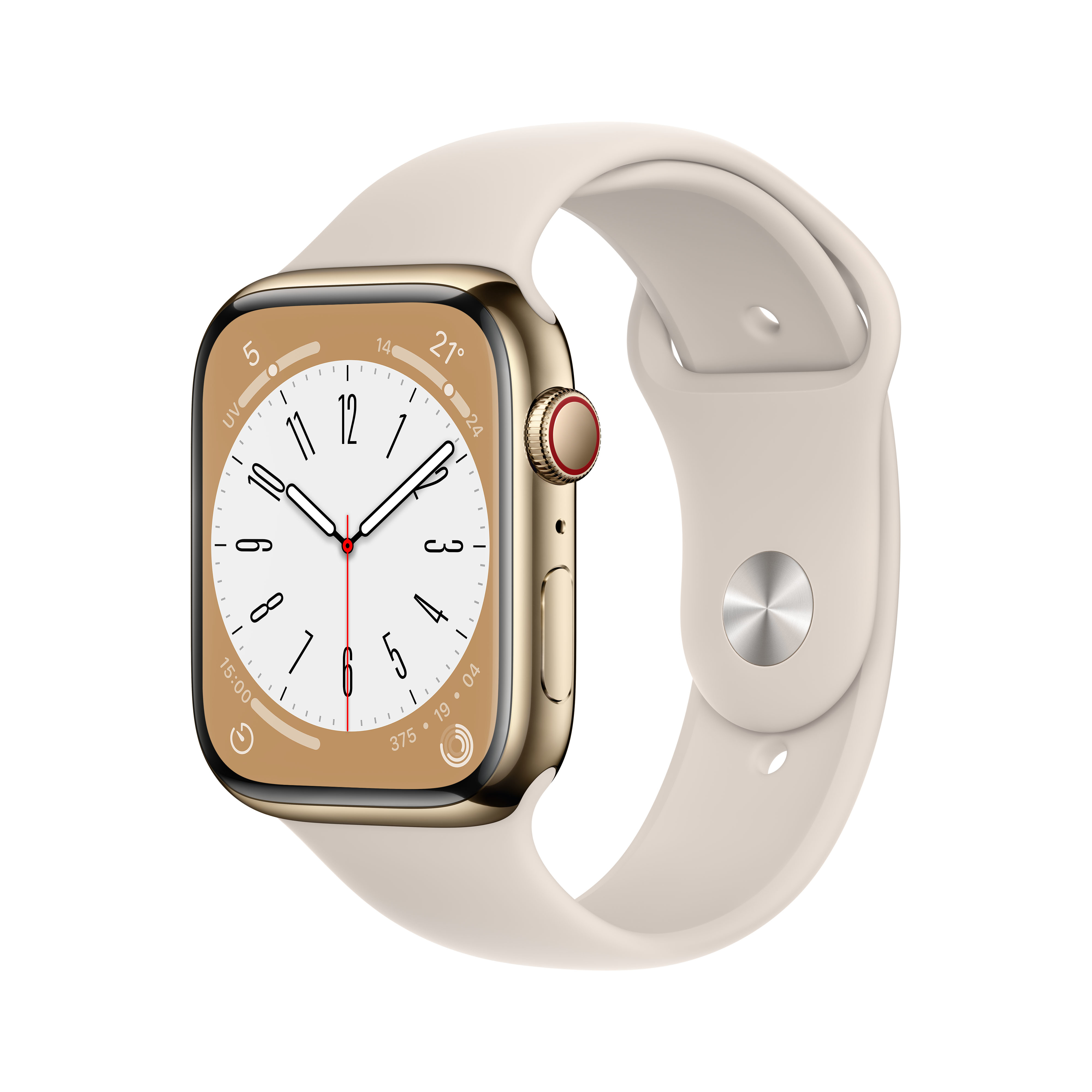 Goldene Smartwatch mit hellem Armband und analogem Zifferblatt.