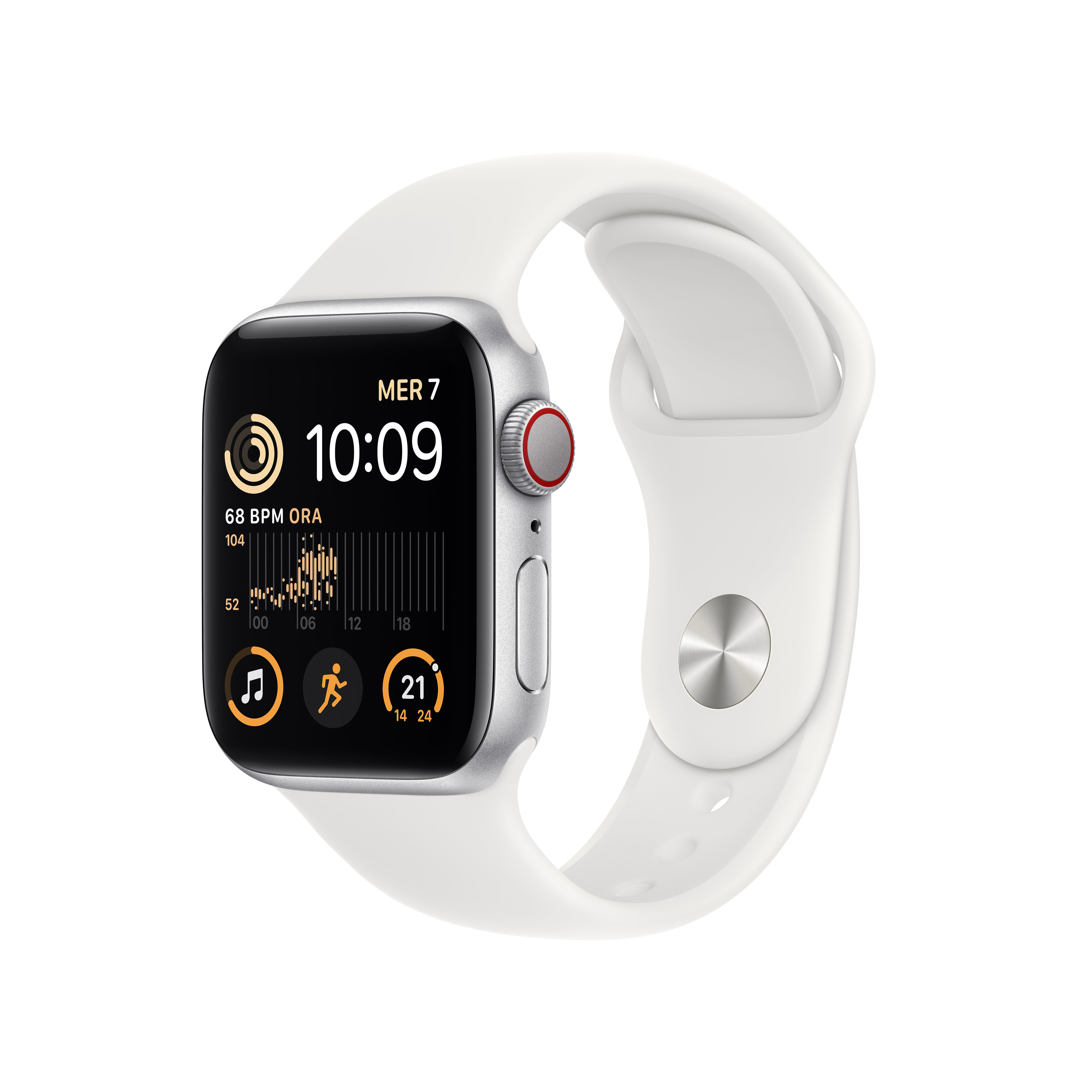 Silberne Smartwatch mit weißem Armband, zeigt 10:09 Uhr und Gesundheitsdaten.