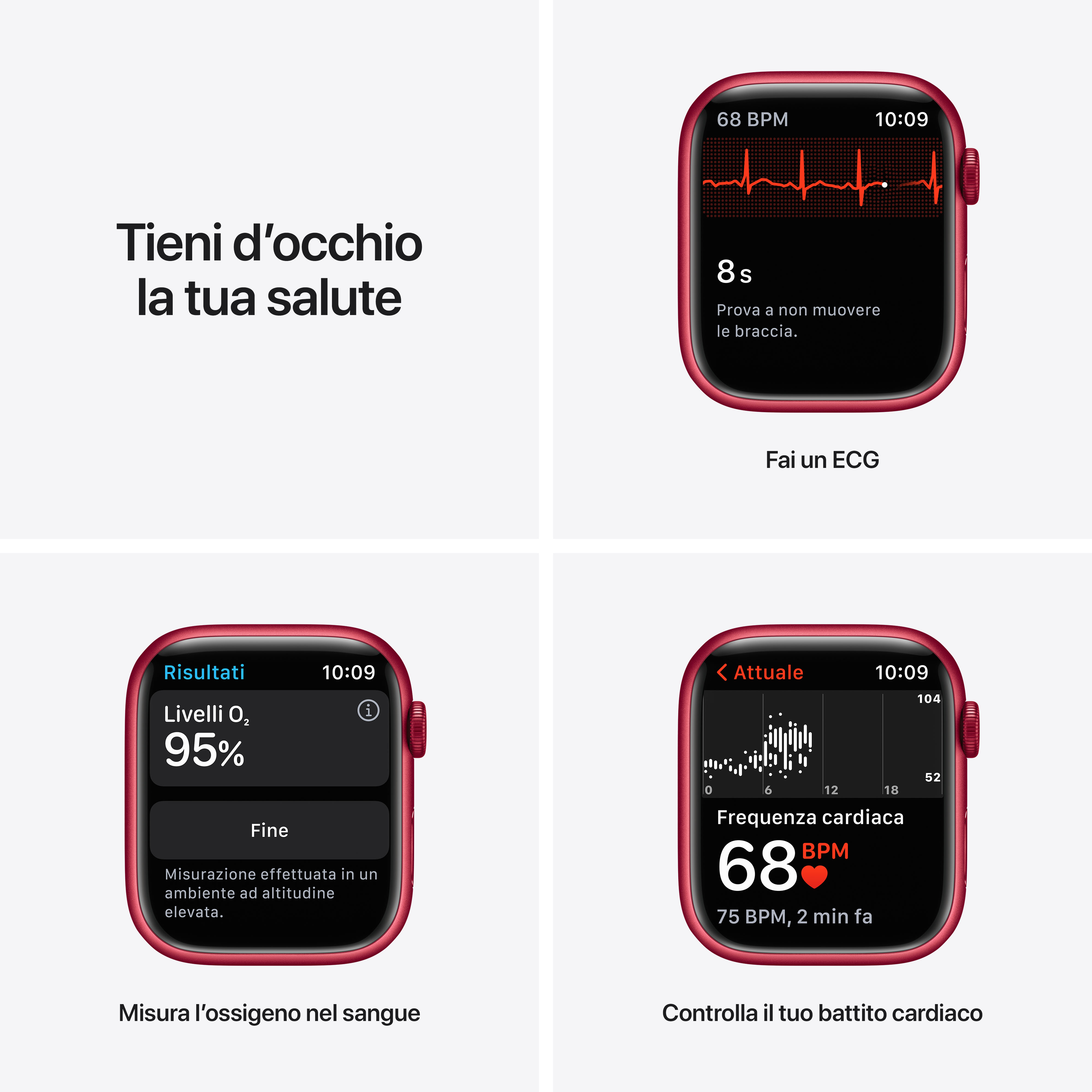 Un Apple Watch rojo muestra datos de ECG, oxígeno y ritmo cardíaco.