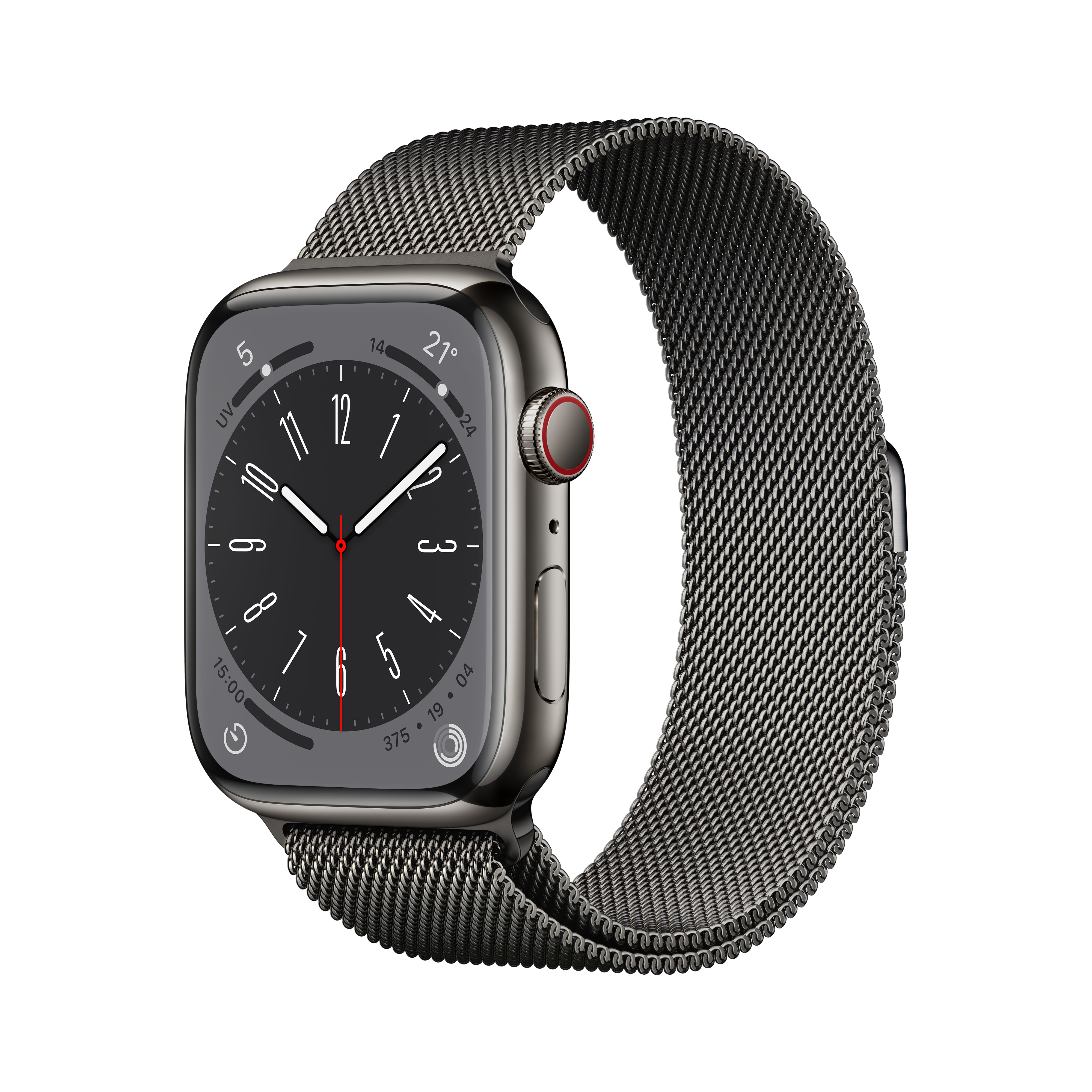 Eine graue Apple Watch mit Milanaise-Armband zeigt die Uhrzeit 15:00 Uhr an.