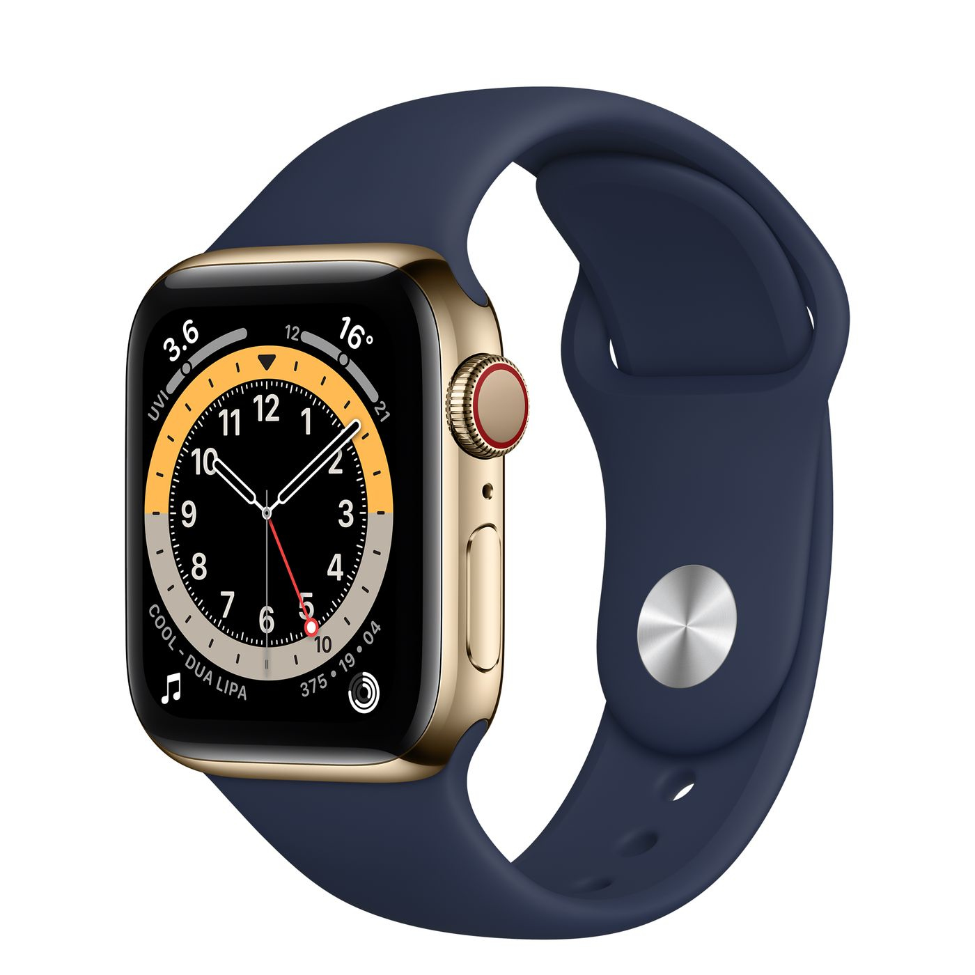 Un reloj inteligente dorado con correa azul marino y esfera de reloj analógico.