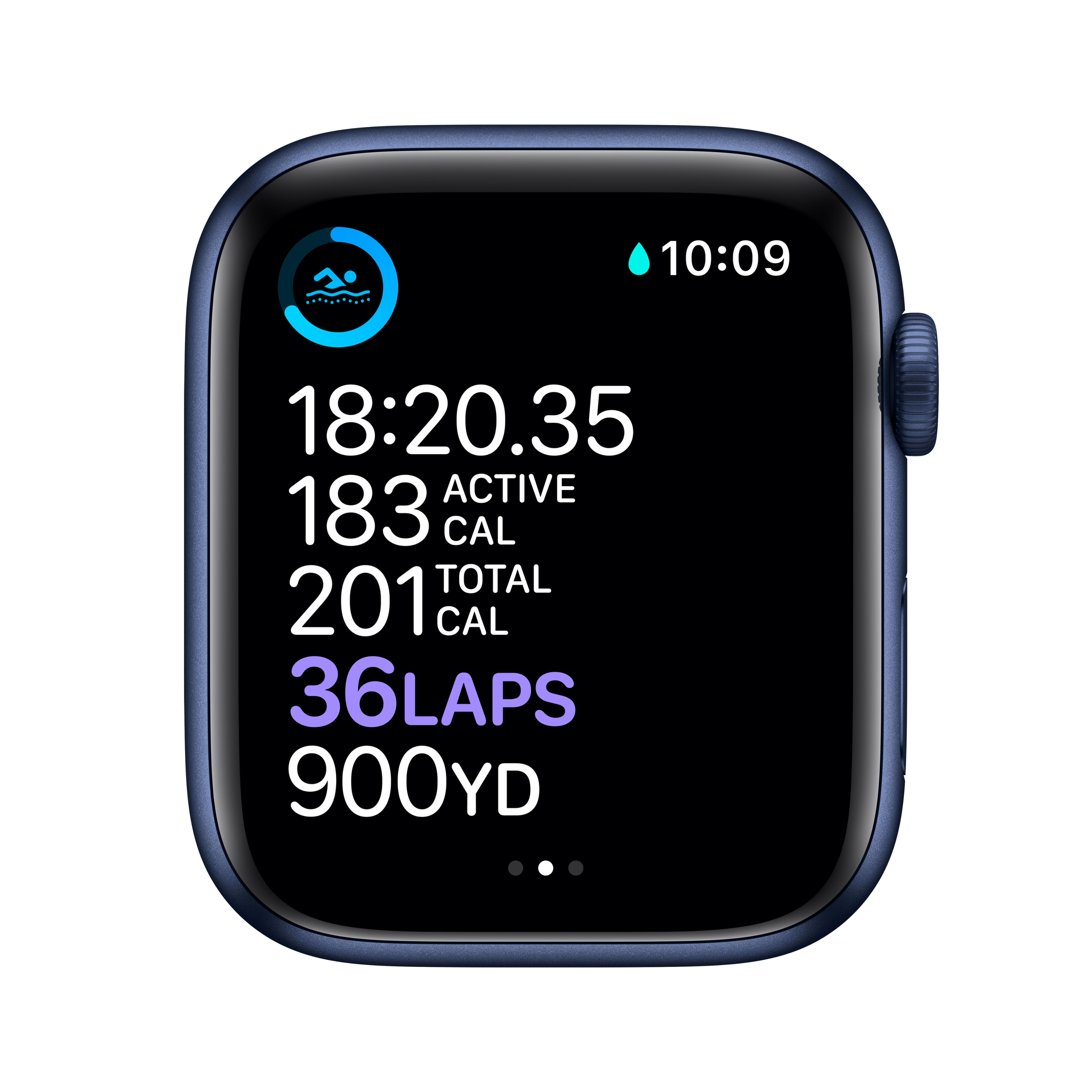Eine blaue Smartwatch zeigt Trainingsdaten an: 18:20:35, 183 kcal, 201 kcal, 36 Runden, 900 Yd.