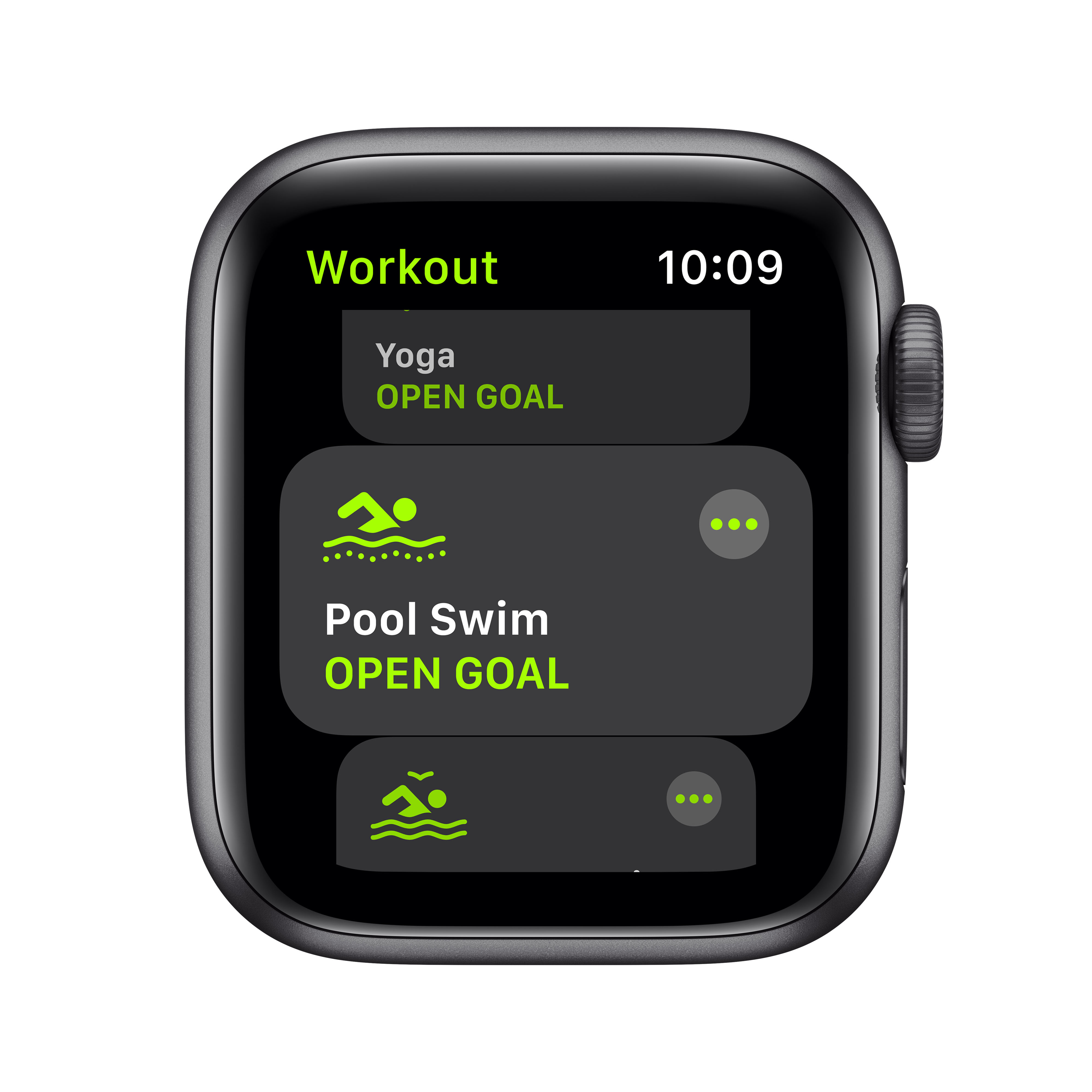 Un smartwatch muestra las opciones "Entrenamiento" y "Nadar en piscina".