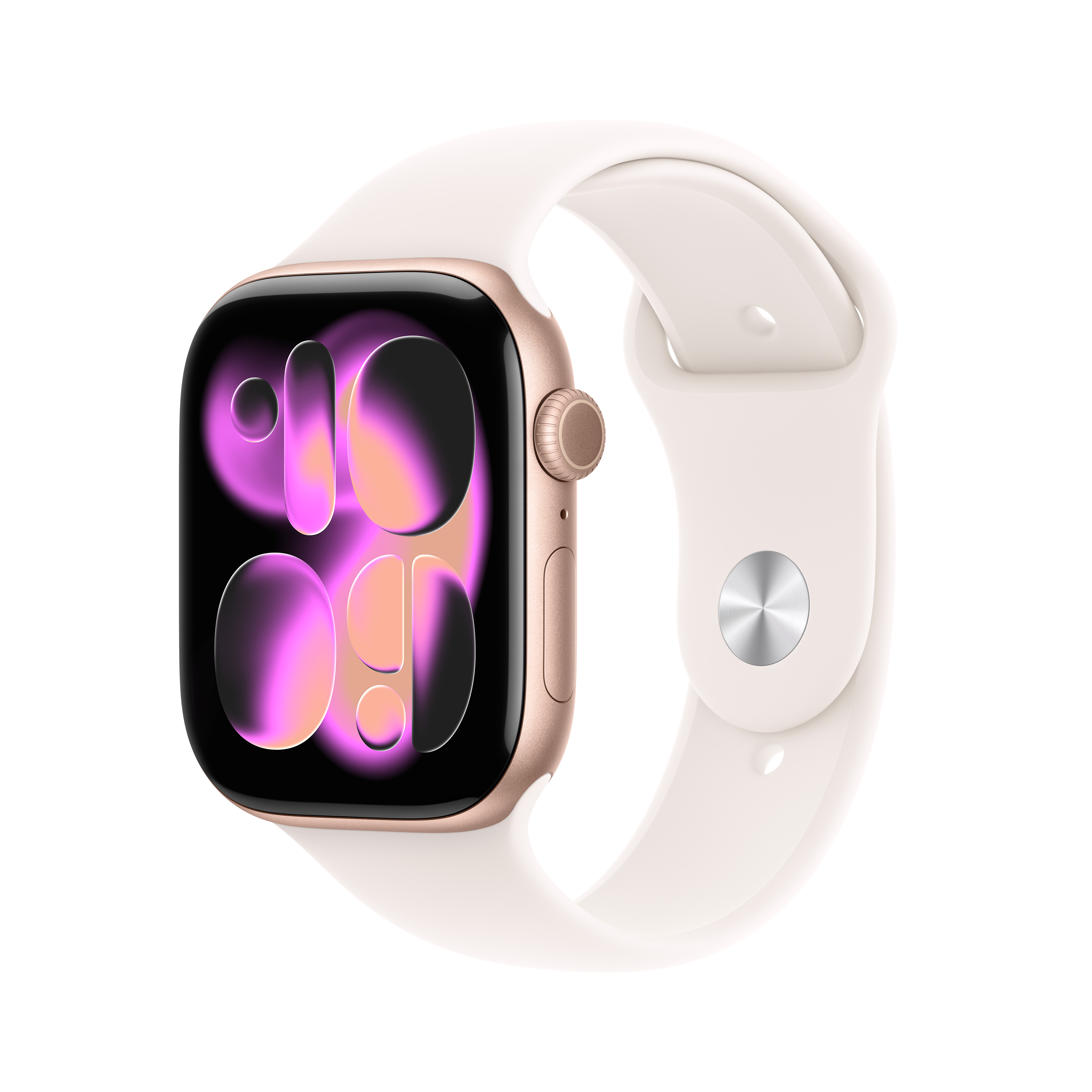 Orologio smart dorato con cinturino chiaro e display colorato.