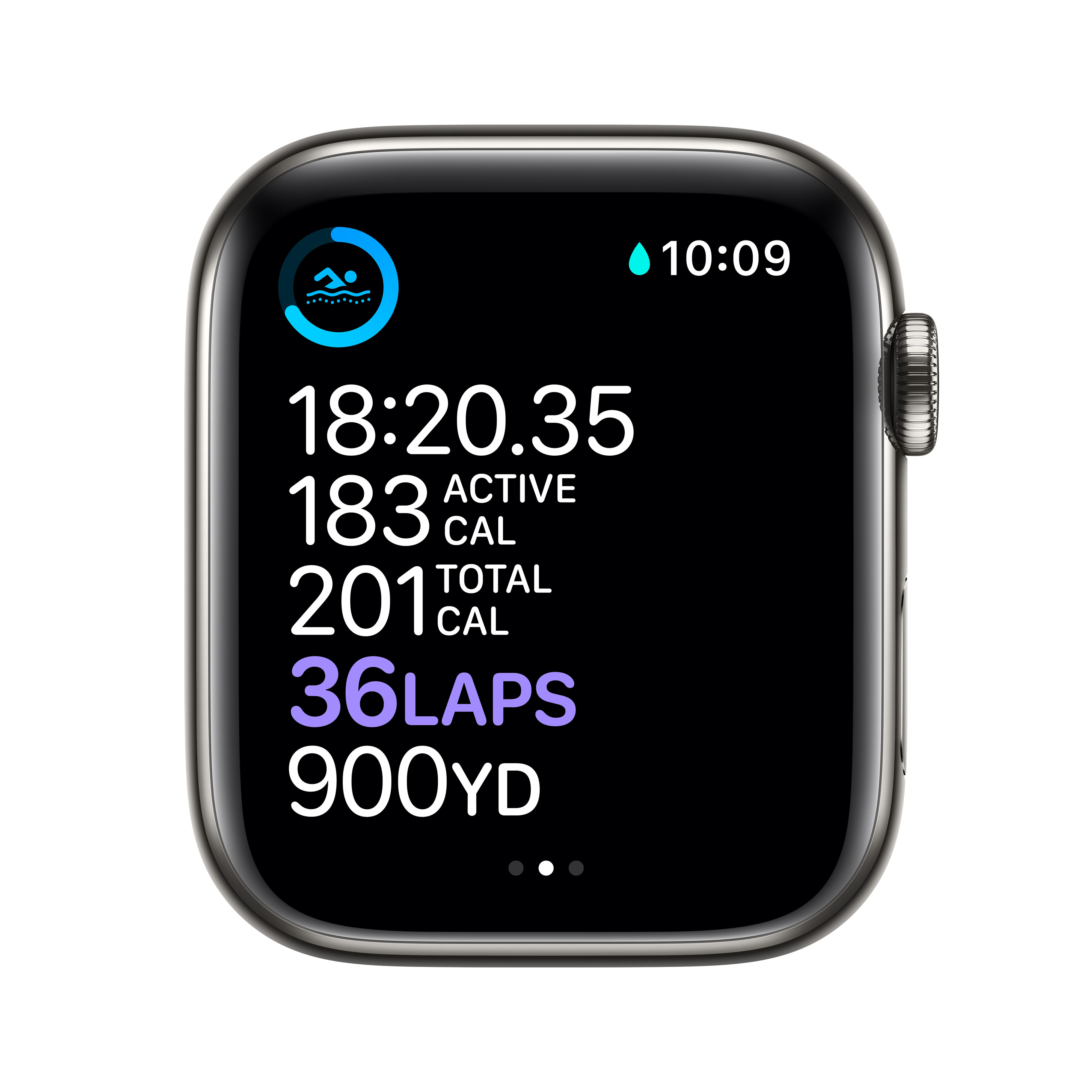 Eine silberne Smartwatch zeigt Trainingsdaten an: Zeit, Kalorien, Runden und Distanz.