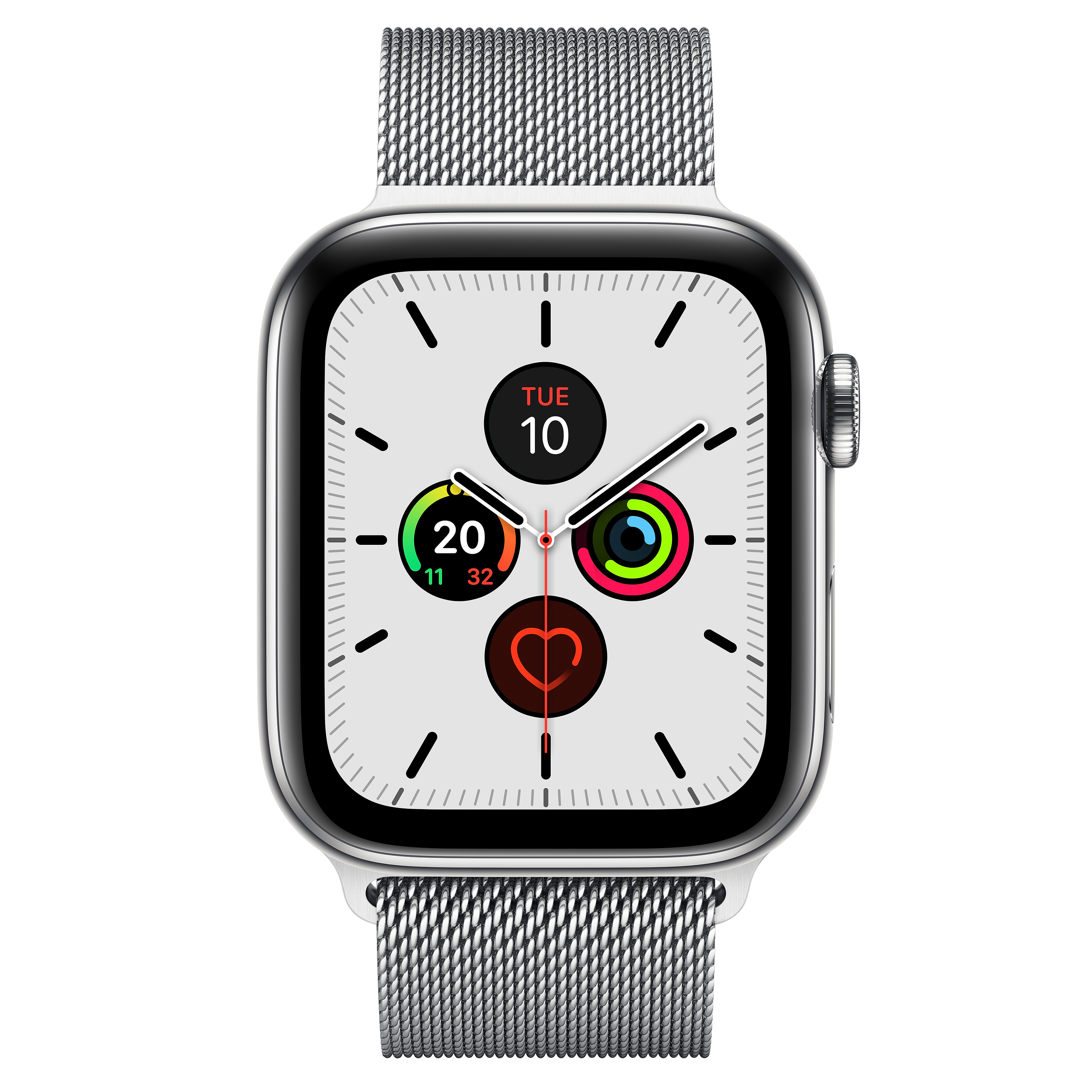 Eine silberne Smartwatch mit Milanaise-Armband und weißem Zifferblatt.