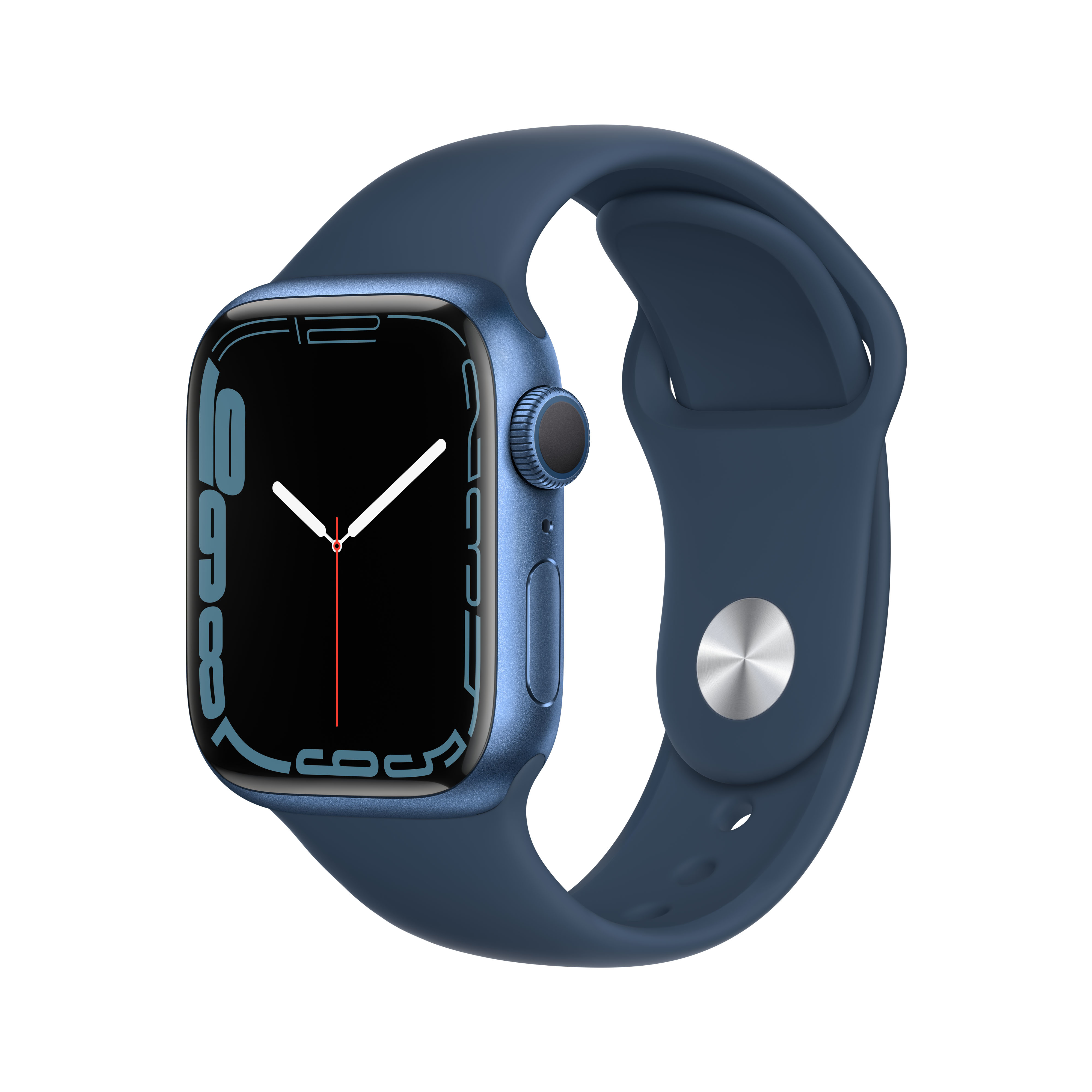 Eine blaue Smartwatch mit einem dunklen Zifferblatt und weißen Zeigern.