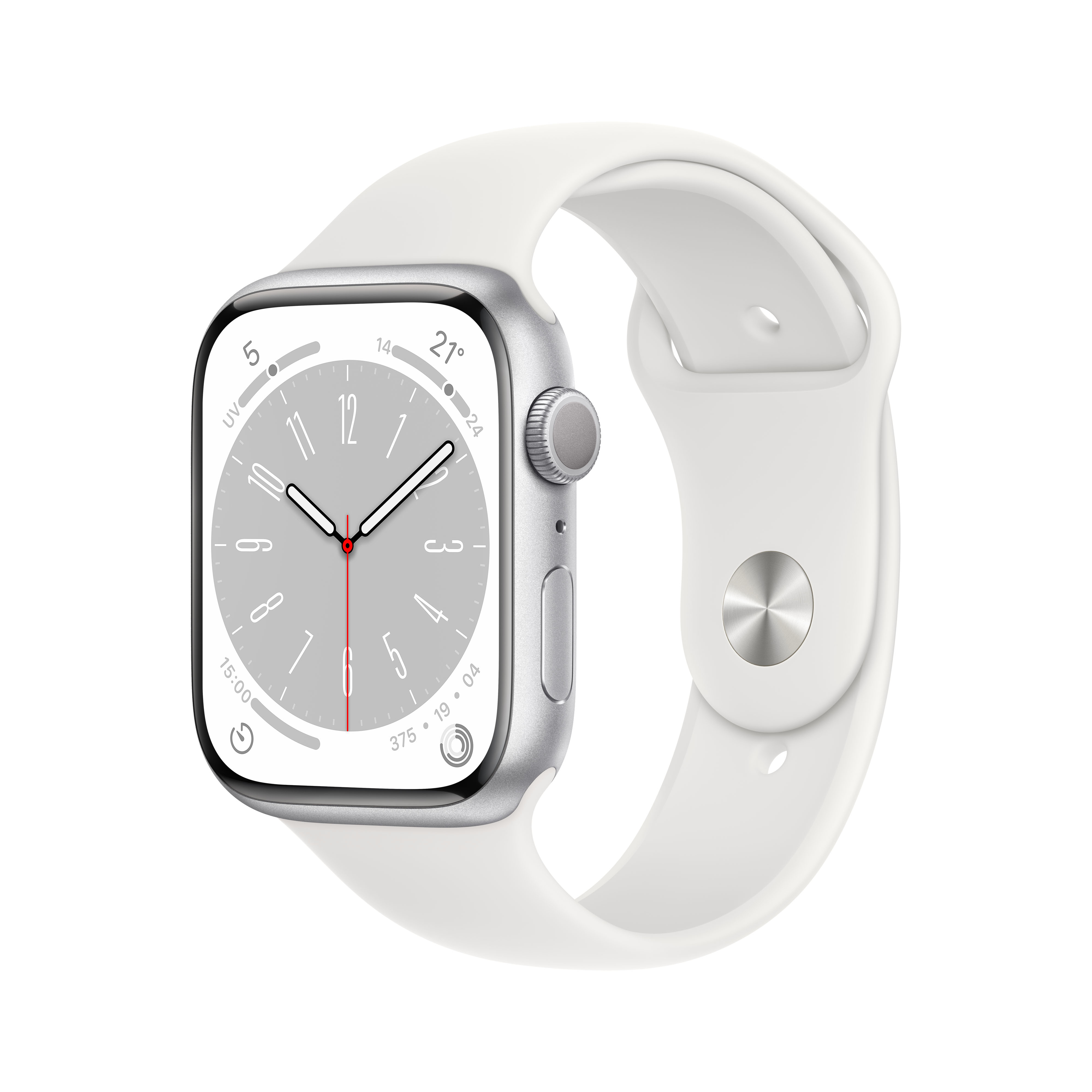 Silberne Smartwatch mit weißem Armband. Zeigt 15:00 Uhr und 21°C an.