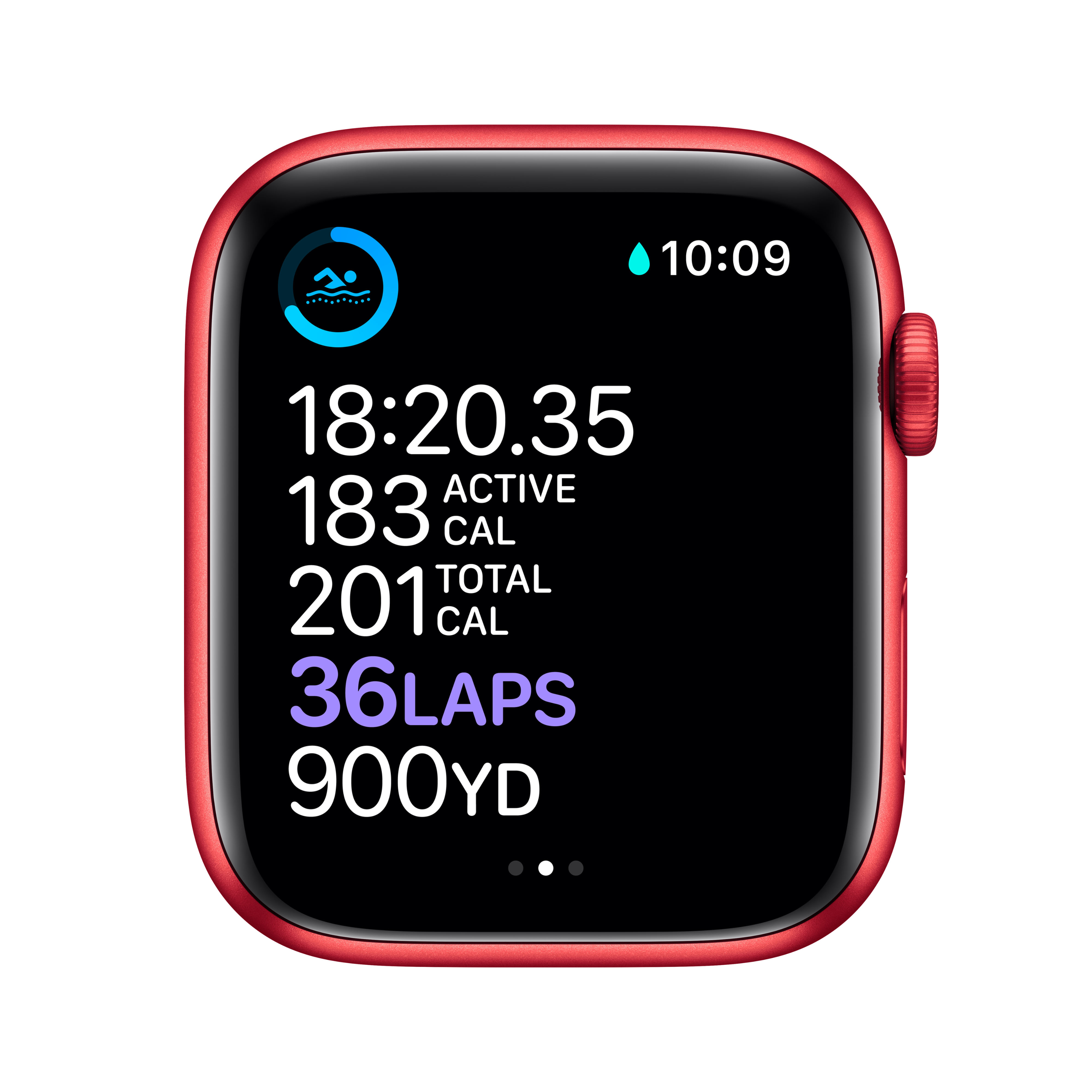 Rote Smartwatch zeigt 18:20:35, 183 Kalorien, 201 Total Kalorien, 36 Runden, 900 Yards.