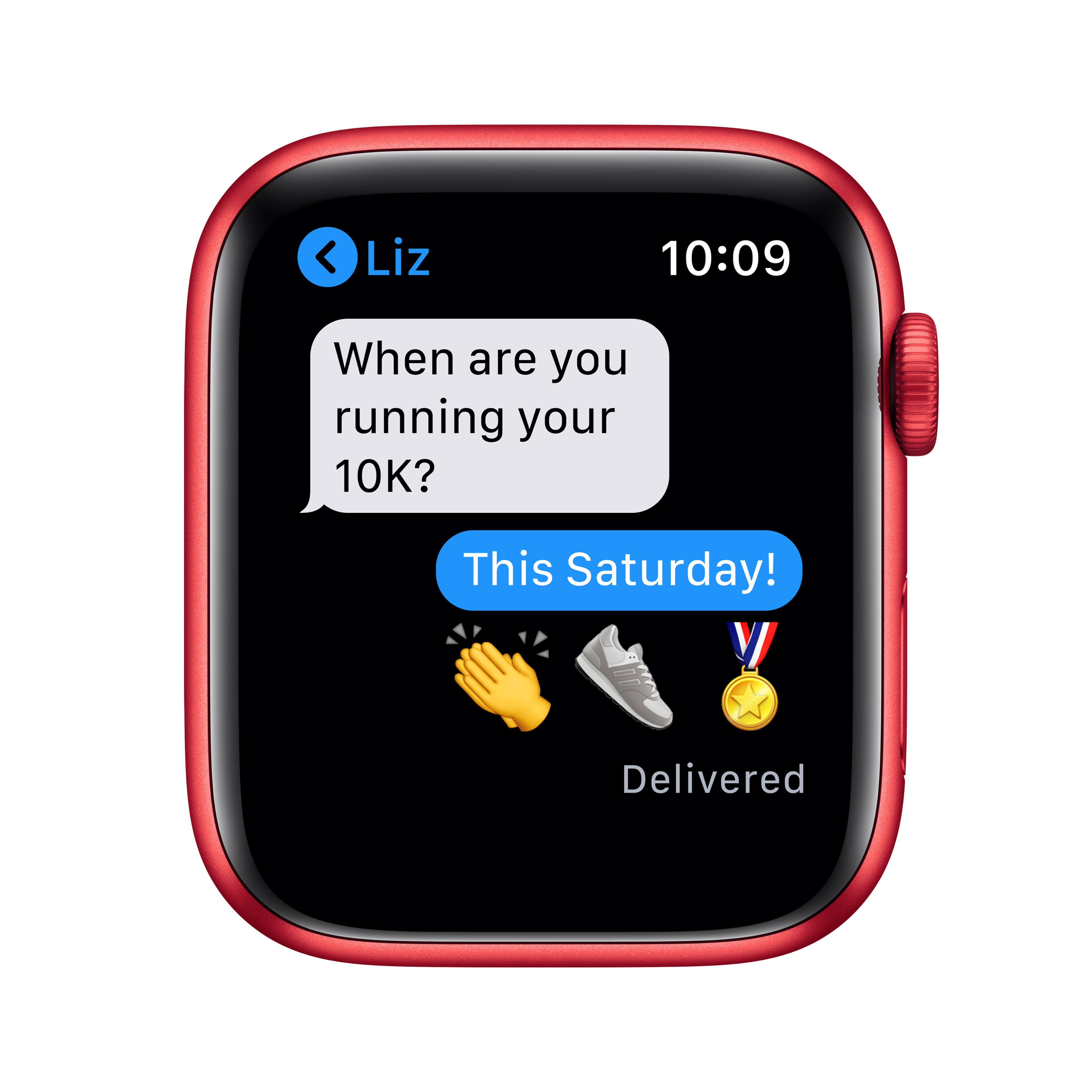 Rote Smartwatch zeigt Chatnachricht über 10K-Lauf mit Emojis.