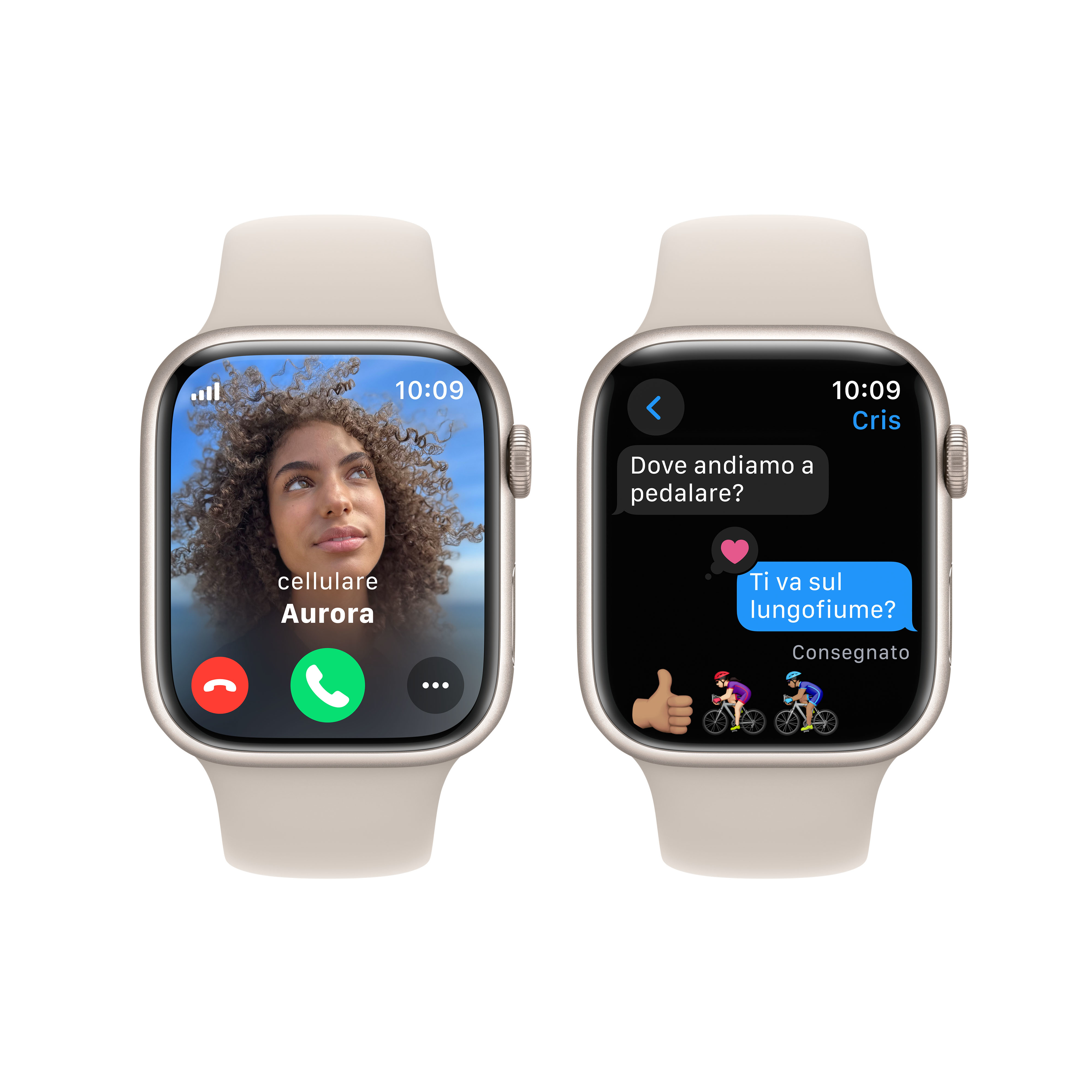 Dos Apple Watches: Pantalla de llamada entrante y pantalla de mensajes con ciclistas.