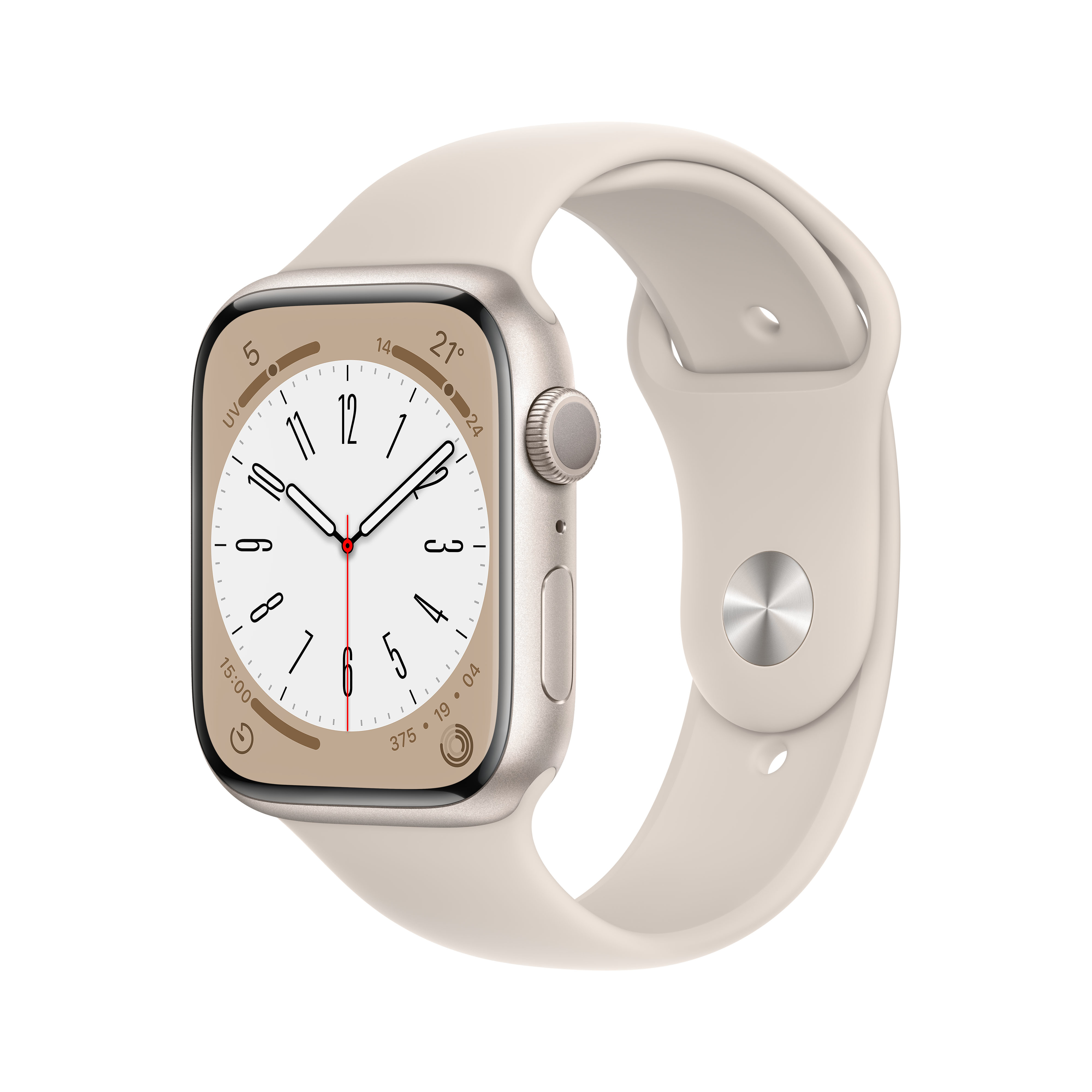 Eine goldene Smartwatch mit beigem Armband, die auf dem Zifferblatt die Zeit anzeigt.