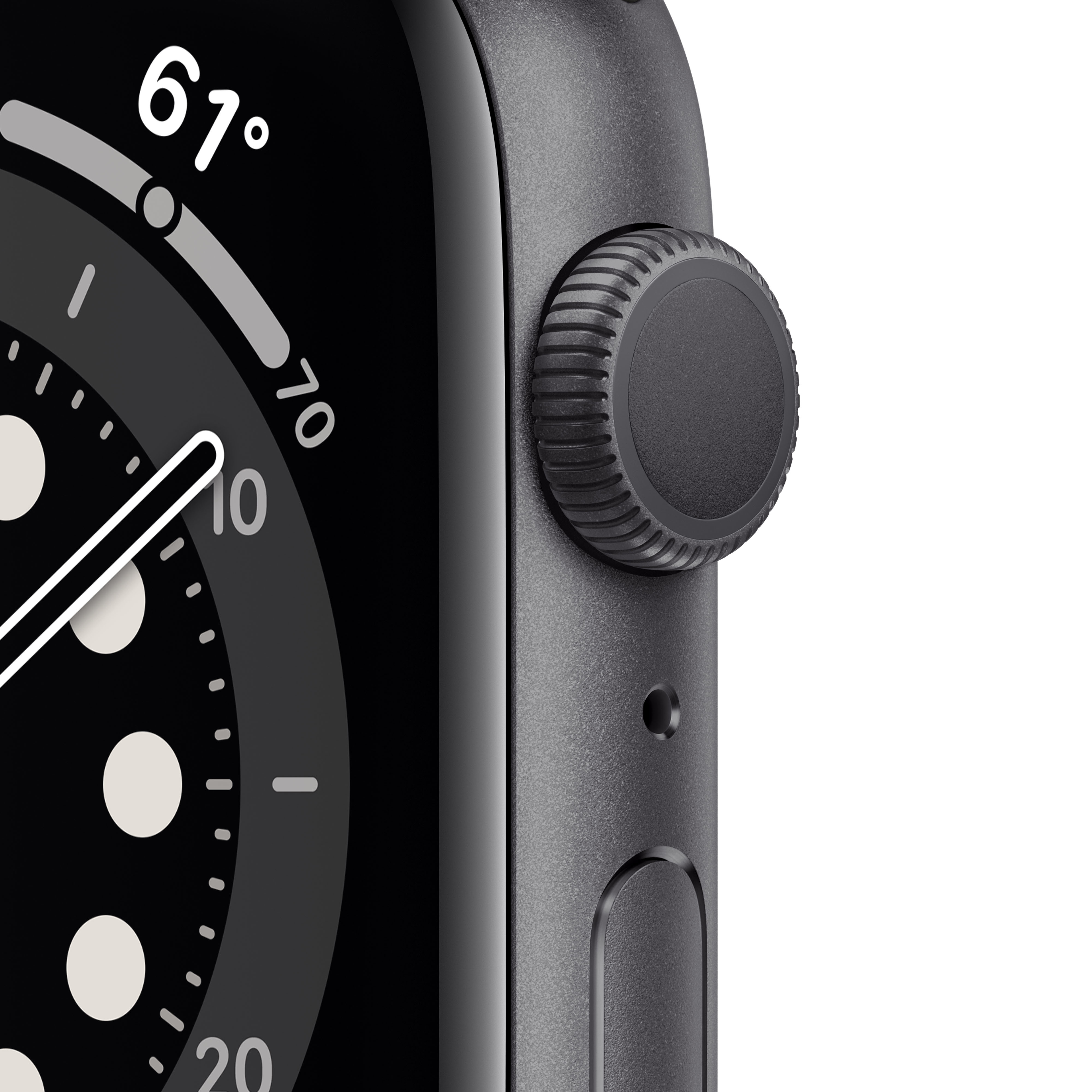 Gros plan d'une montre connectée avec cadran noir, affichant 61 degrés. Les aiguilles argentées sont visibles.