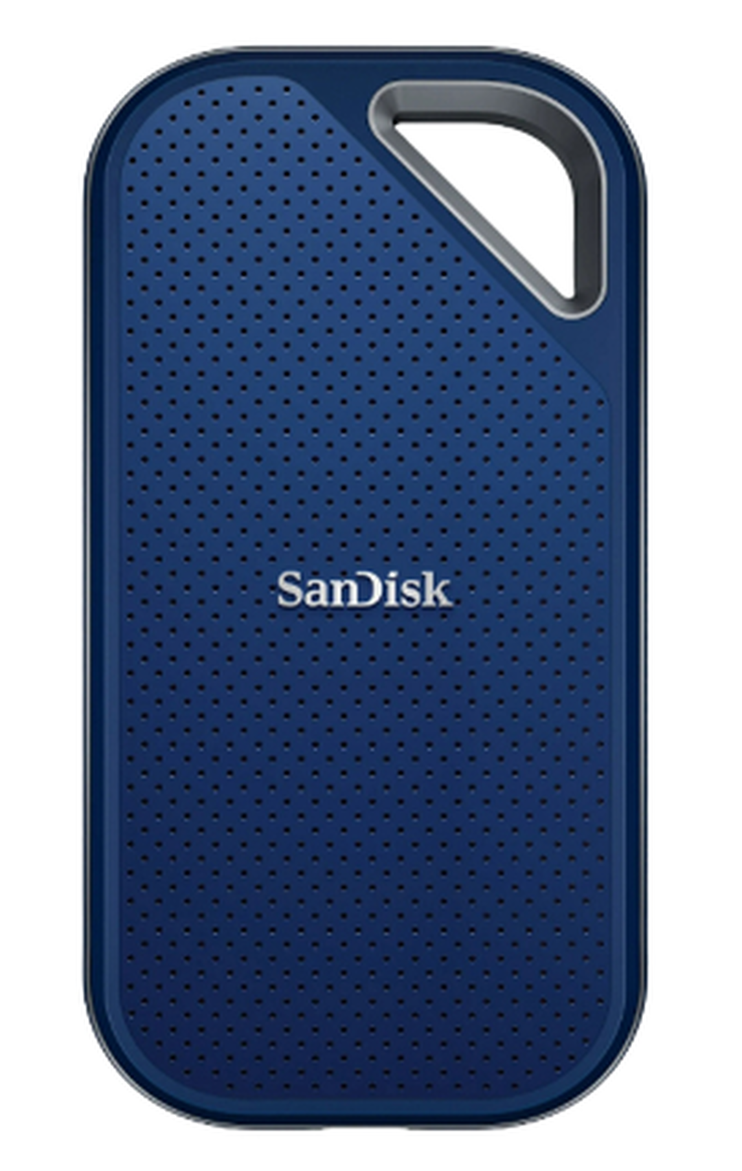 Delikli desene ve taşıma halkasına sahip lacivert SanDisk depolama aygıtı.