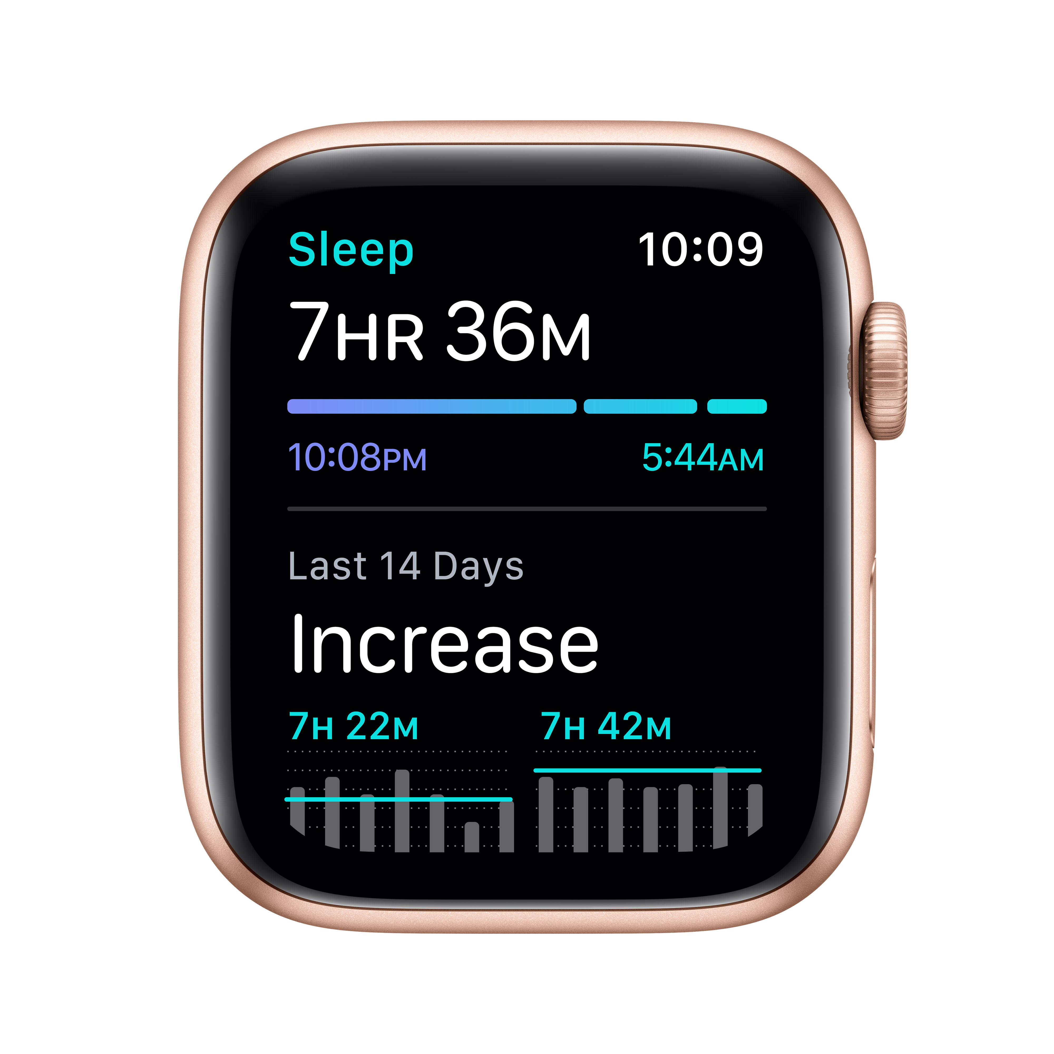 Apple Watch zeigt Schlafdaten: 7h 36m, 10:08 PM bis 5:44 AM.
