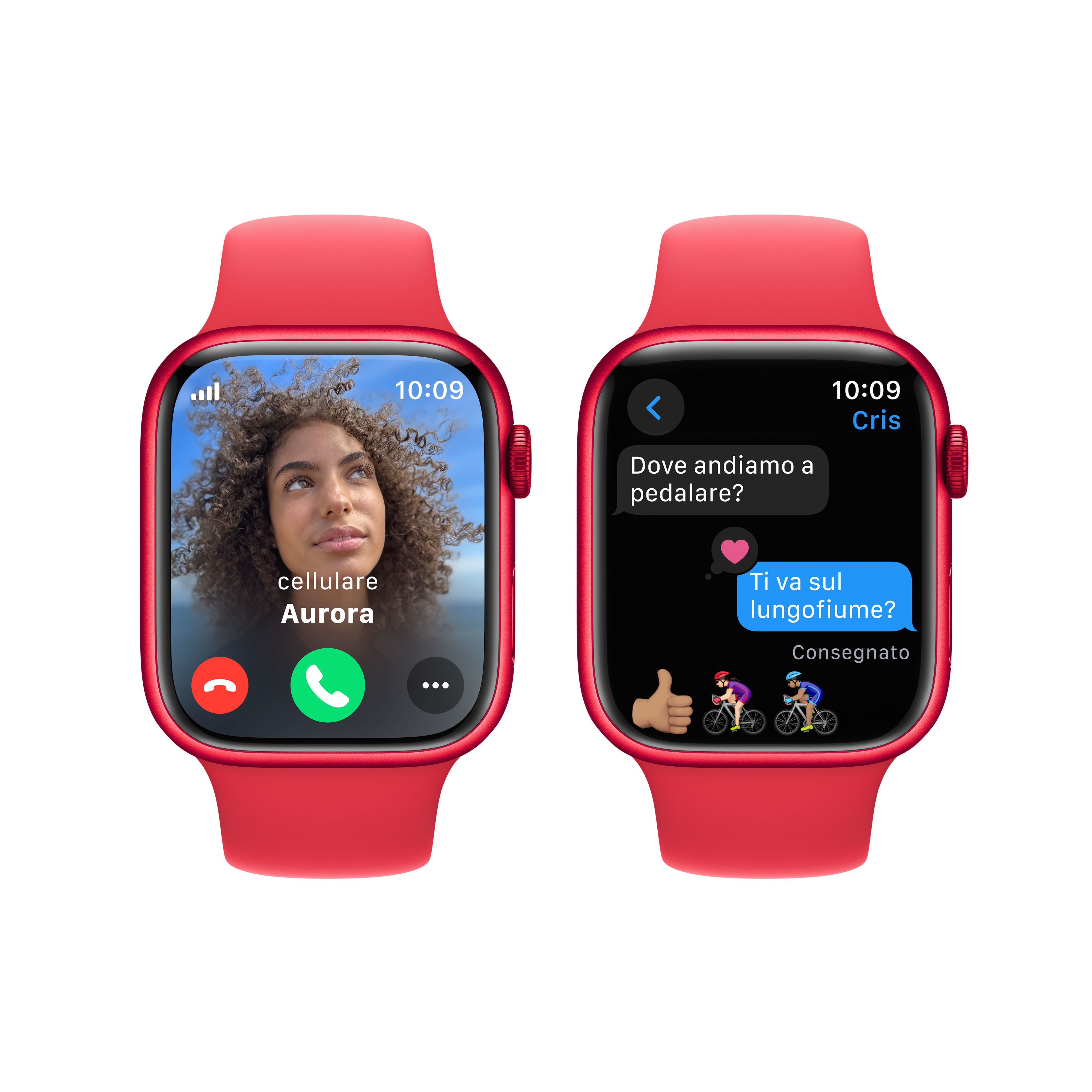 Dos relojes inteligentes rojos uno al lado del otro. Izquierda llamada, derecha mensaje.