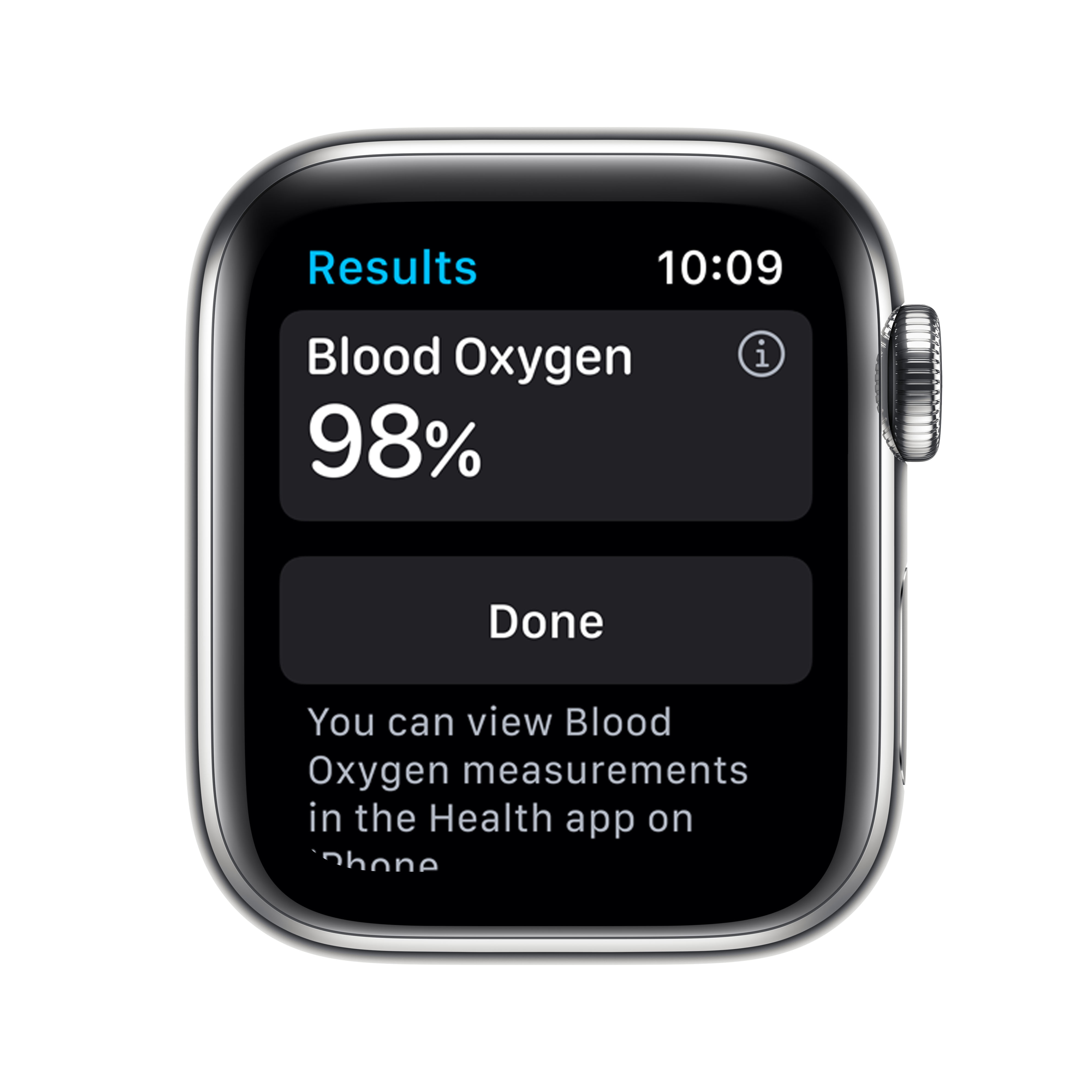 Apple Watch muestra 98% de oxígeno en sangre. Botón "Listo" abajo.