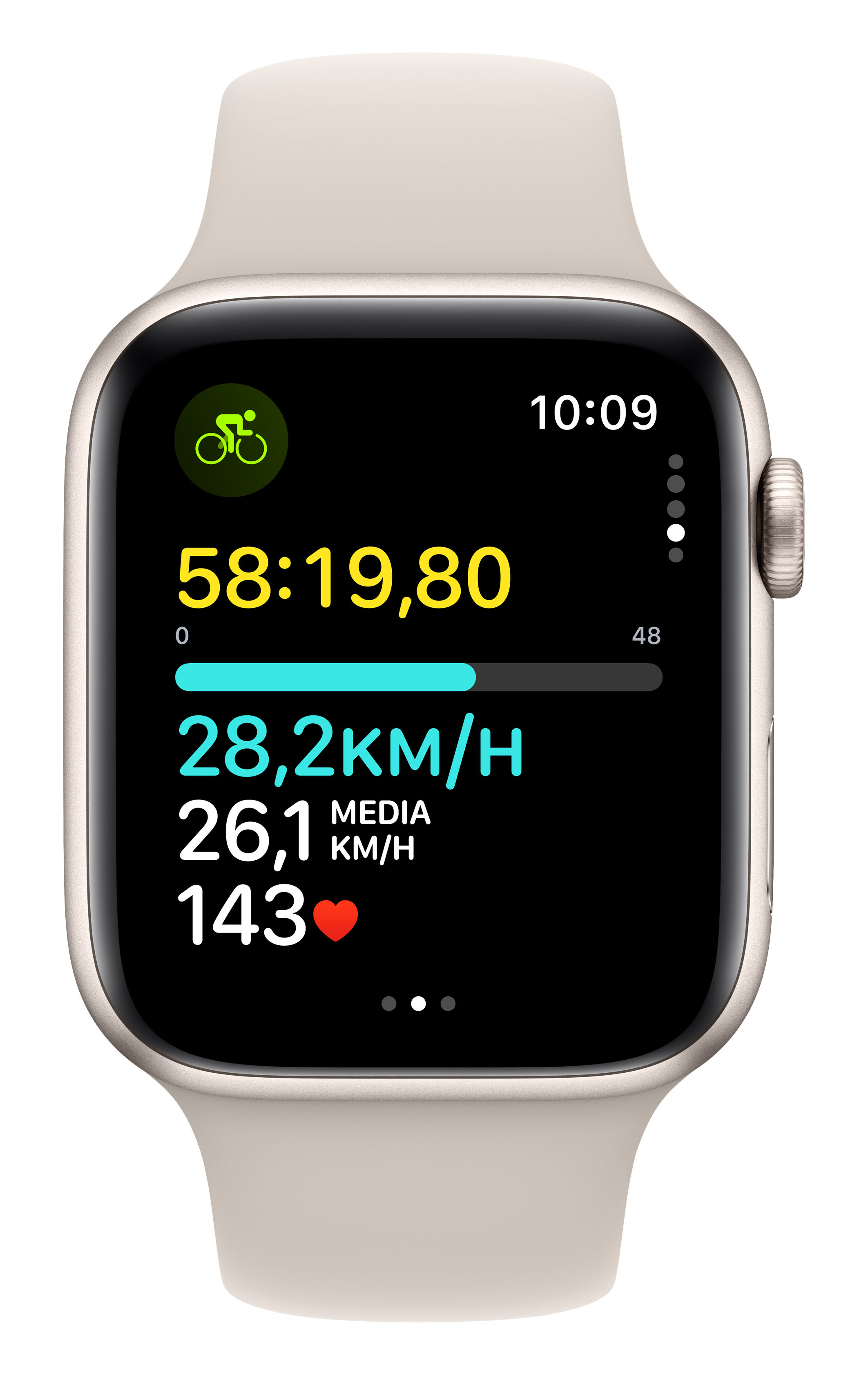 Apple Watch zeigt Radsport-Daten: Zeit, Distanz, Geschwindigkeit, Herzfrequenz.