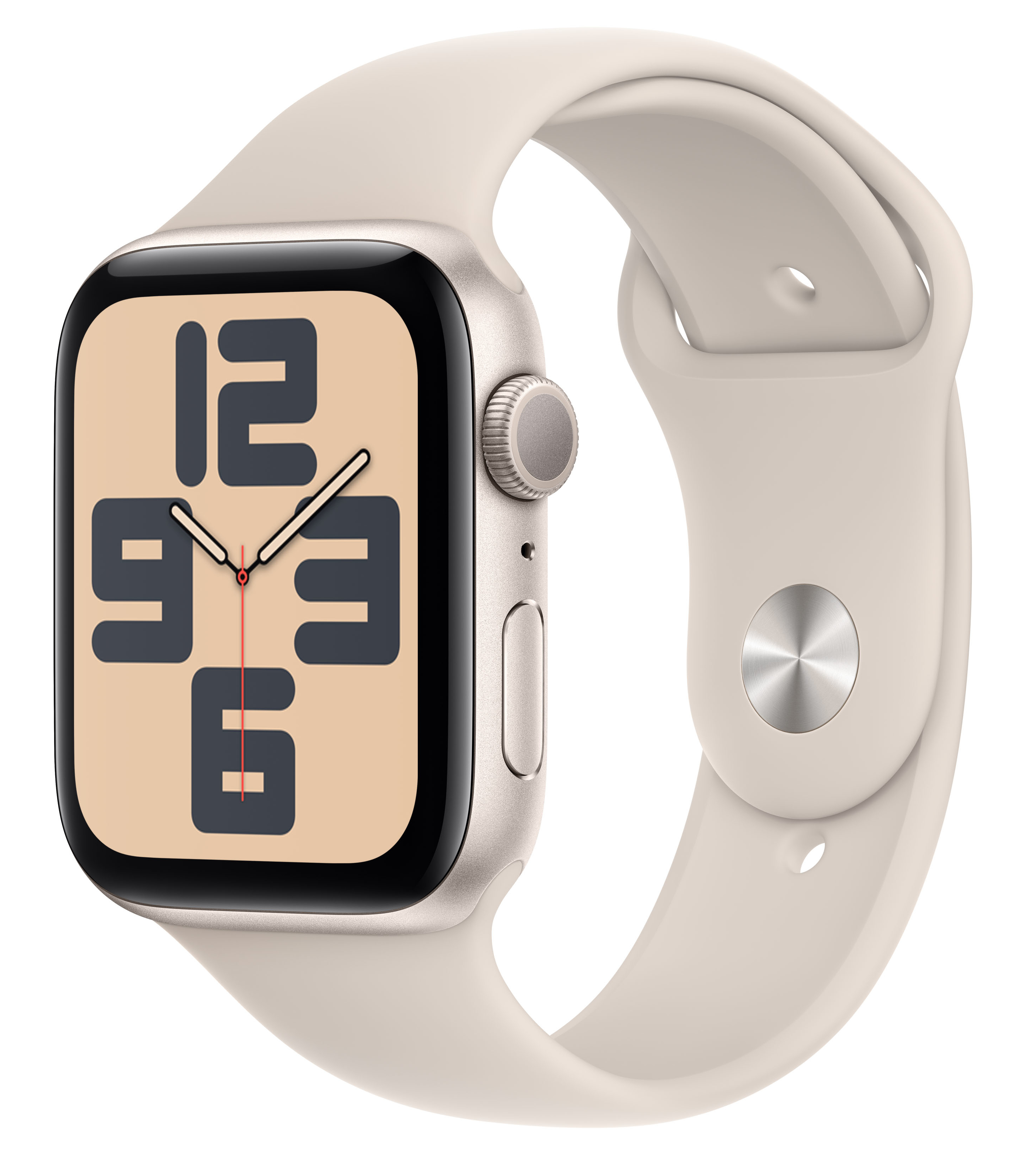 Eine goldene Apple Watch mit einem cremefarbenen Armband und einem Zifferblatt mit großen Ziffern.