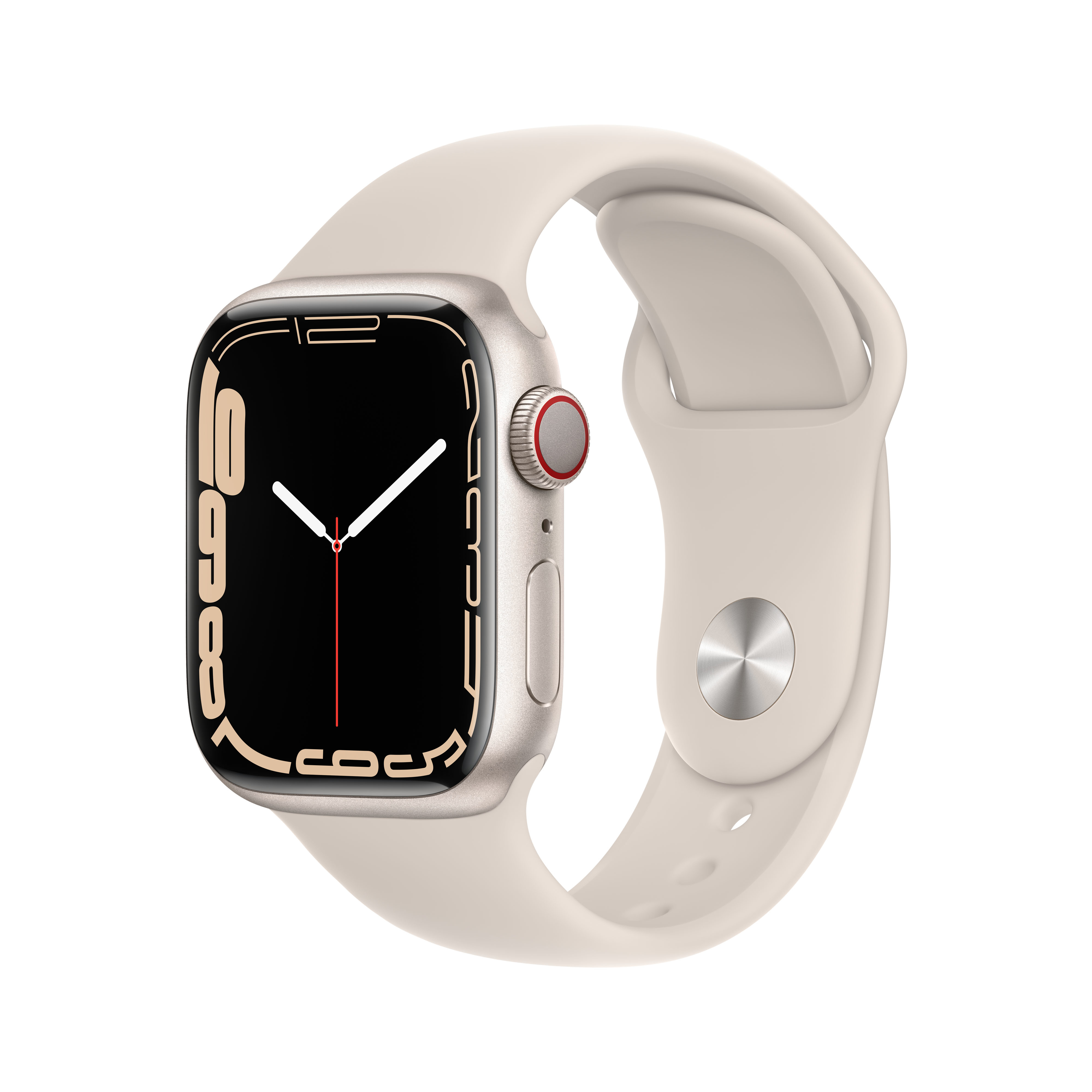 Eine helle Smartwatch mit einem cremefarbenen Armband und einem schwarzen Zifferblatt.