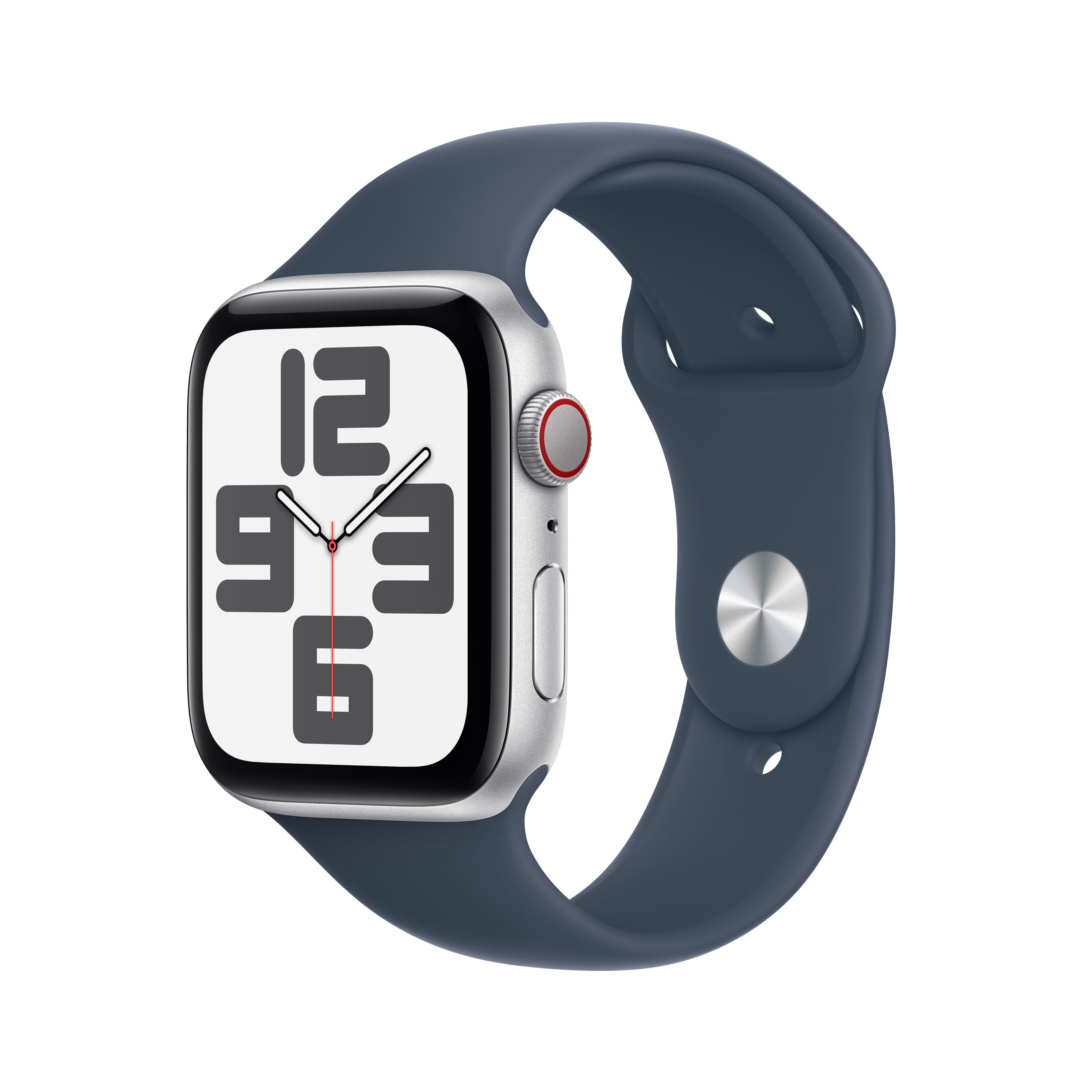Uno smartwatch argento con cinturino blu su sfondo bianco.