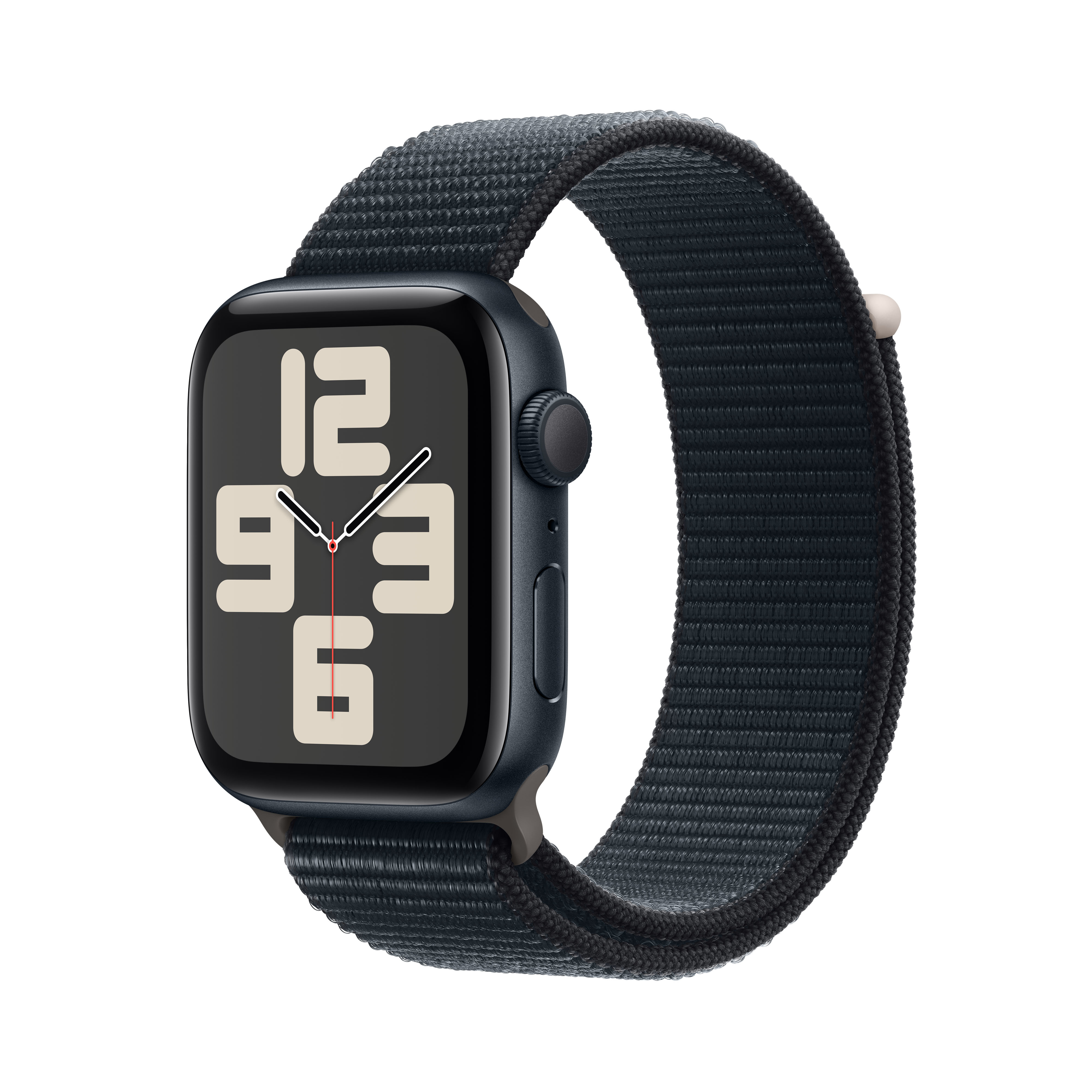 Eine dunkle Smartwatch mit einem schwarzen Stoffarmband und einem Zifferblatt mit weißen Zahlen.