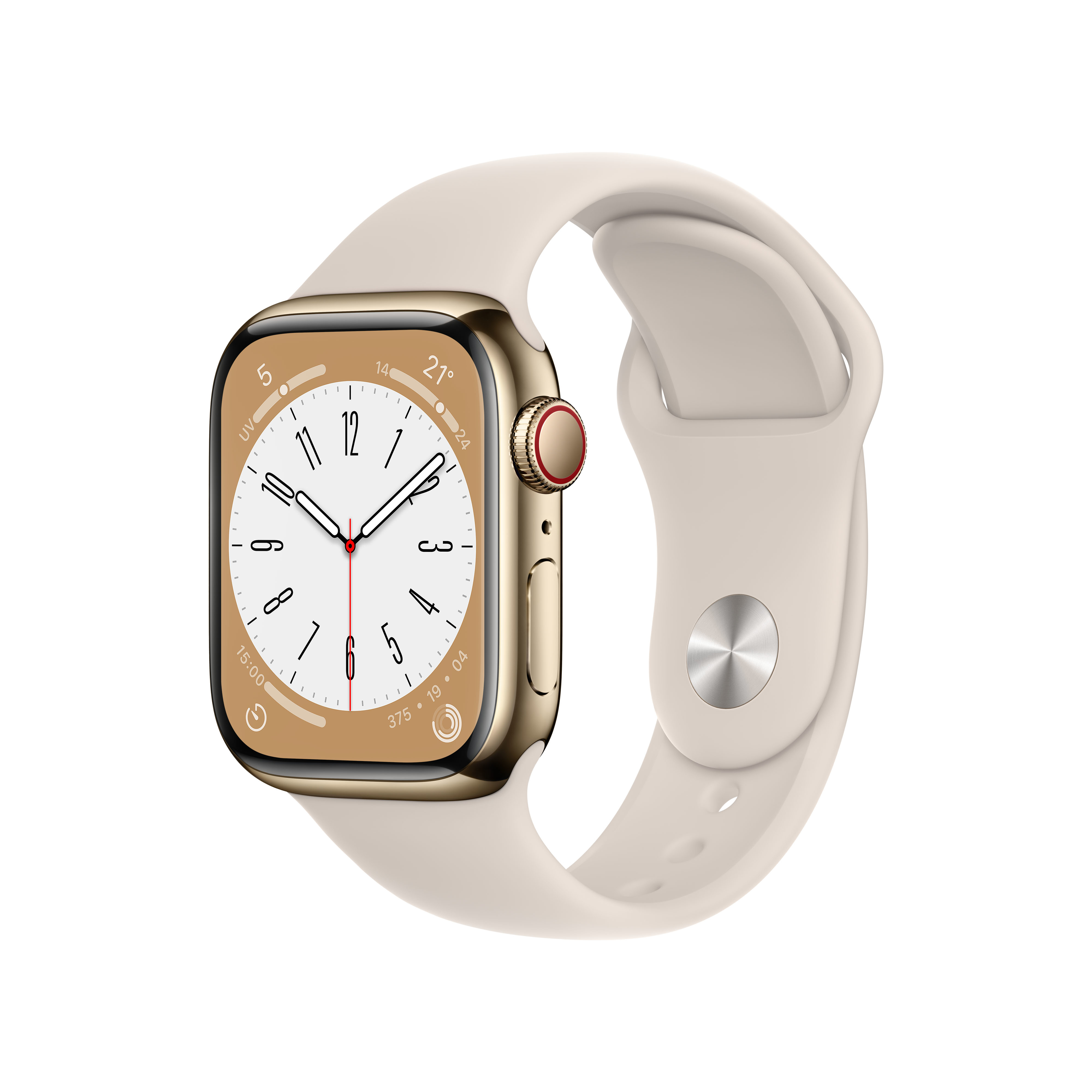 Goldene Smartwatch mit hellem Armband, Uhrzeit 15:00, Temperatur 21°C, UV-Index 5.