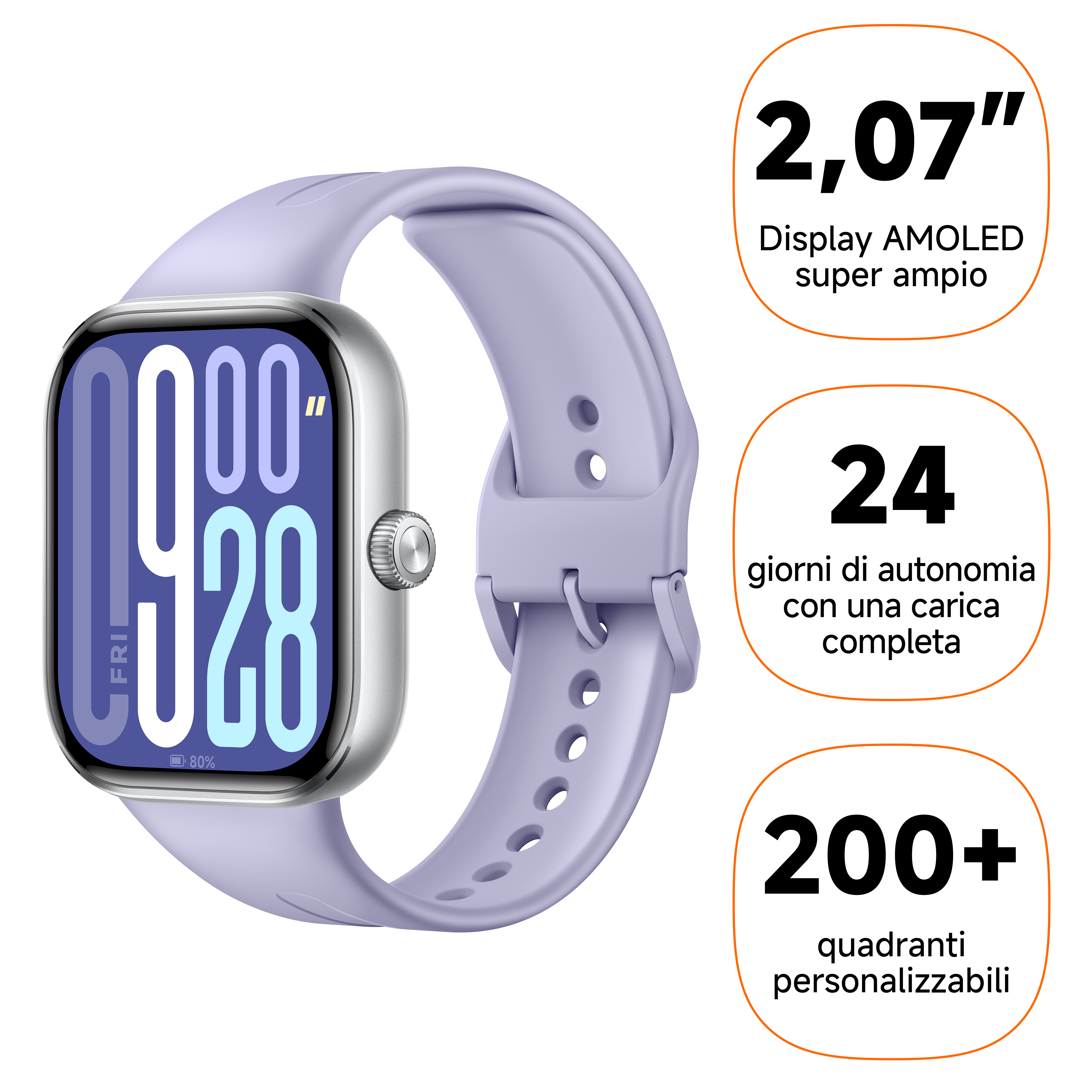 Fioletowa opaska smartwatch z srebrną obudową i cyfrowym wyświetlaczem.