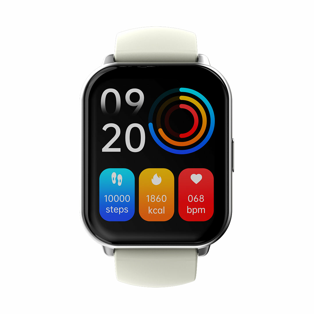 Une montre connectée à bracelet clair affiche 10000 pas, 1860 kcal et 68 bpm.