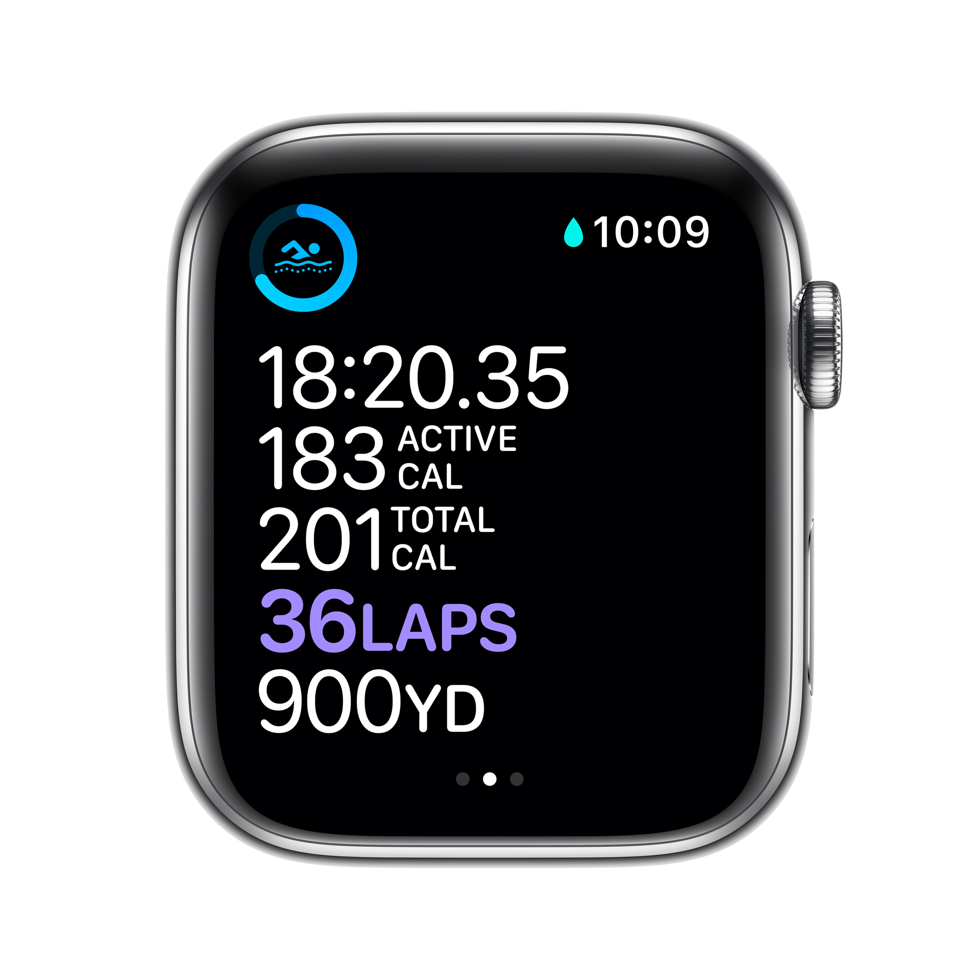 Smartwatch zeigt 10:09 Uhr, 18:20 Aktivzeit, 183 kcal, 201 kcal gesamt, 36 Runden, 900 Yards.