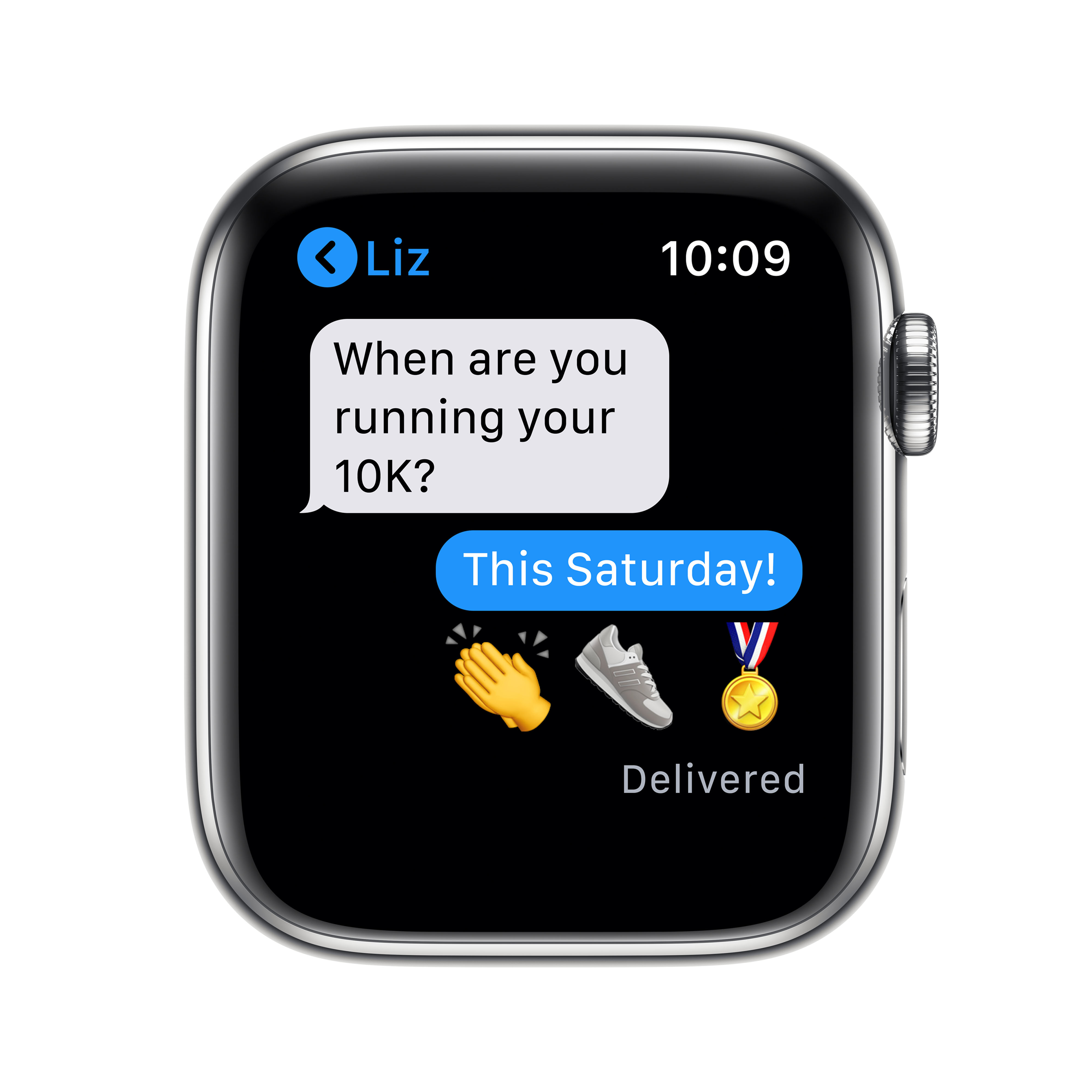 Apple Watch zeigt Nachricht: "Diese Samstag!". Laufschuh, Medaille, Händeklatschen.