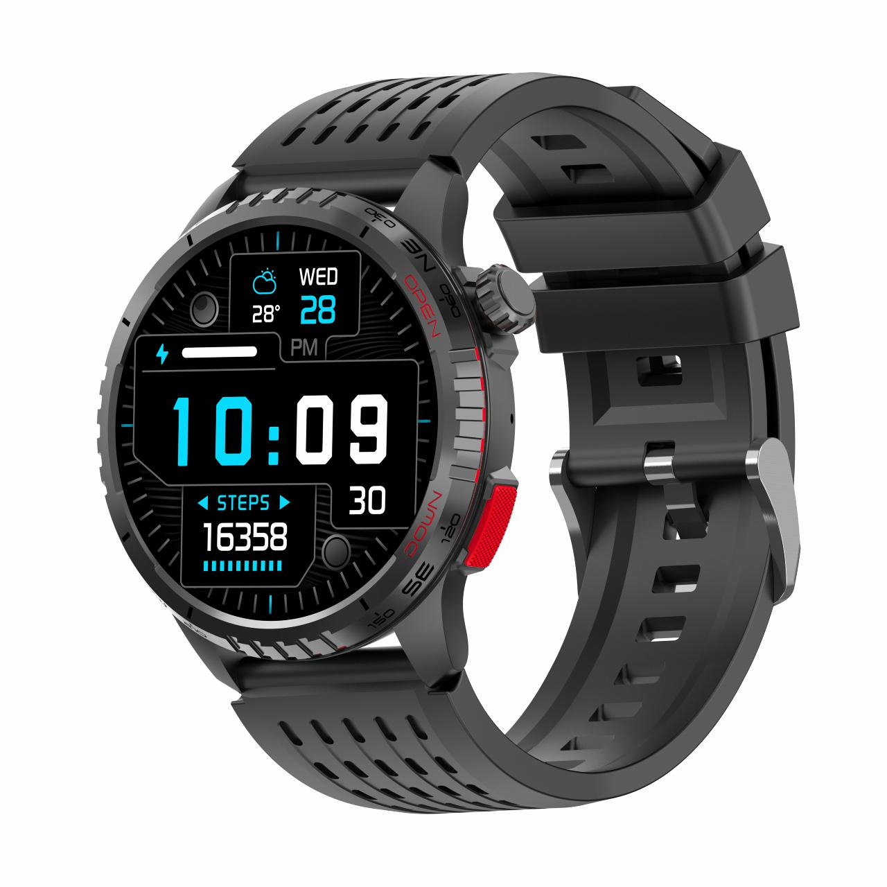 Zwarte smartwatch met digitaal display waarop 10:09, 28 graden en stappen worden weergegeven.